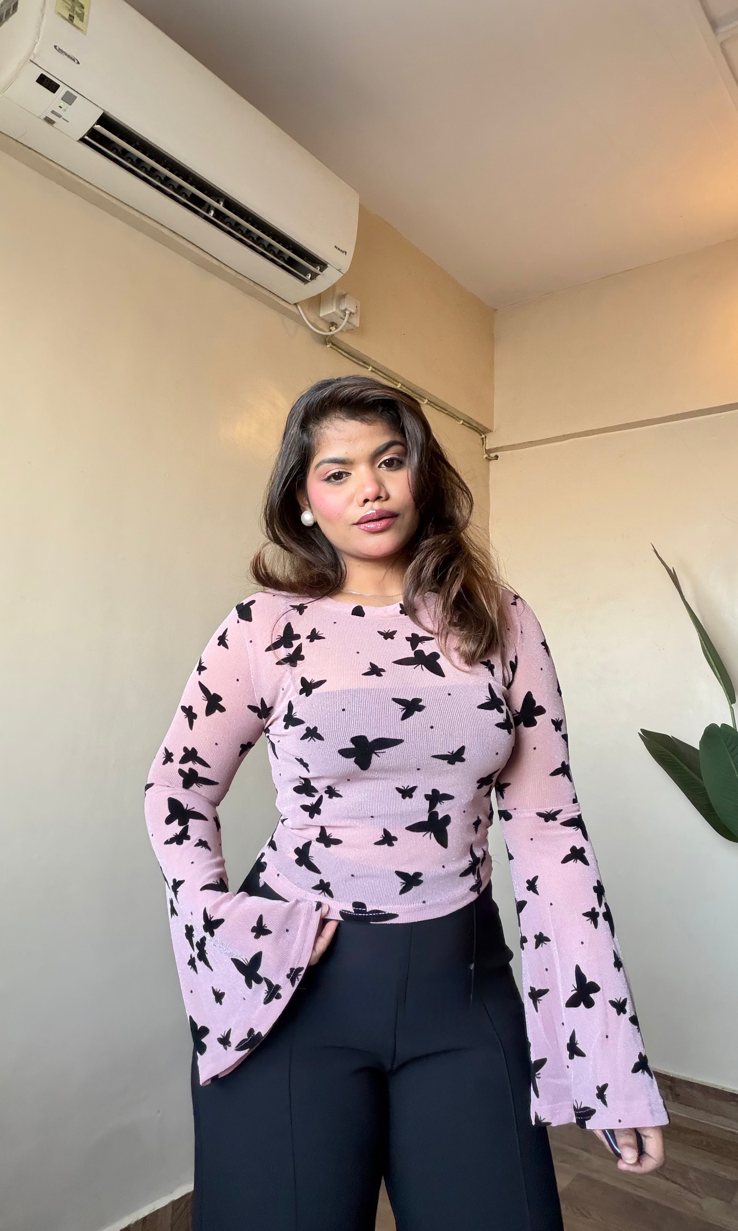 Butterfly Bell Sleeve Sheer Top With Inner