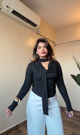 Cowl Neck-Ribbon Full Sleeve Top #9920