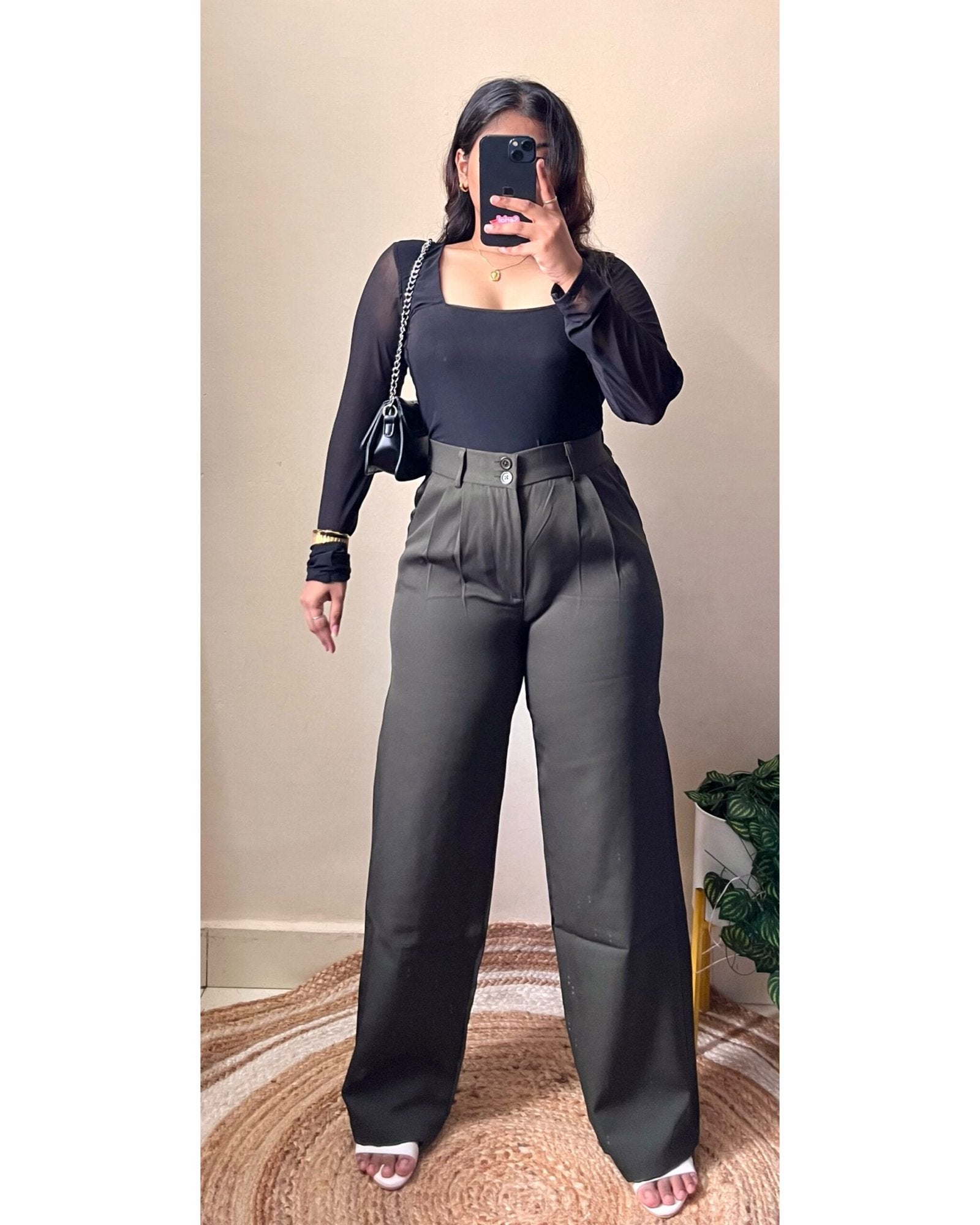 Korean Olive Green Double Button High Waist Pants