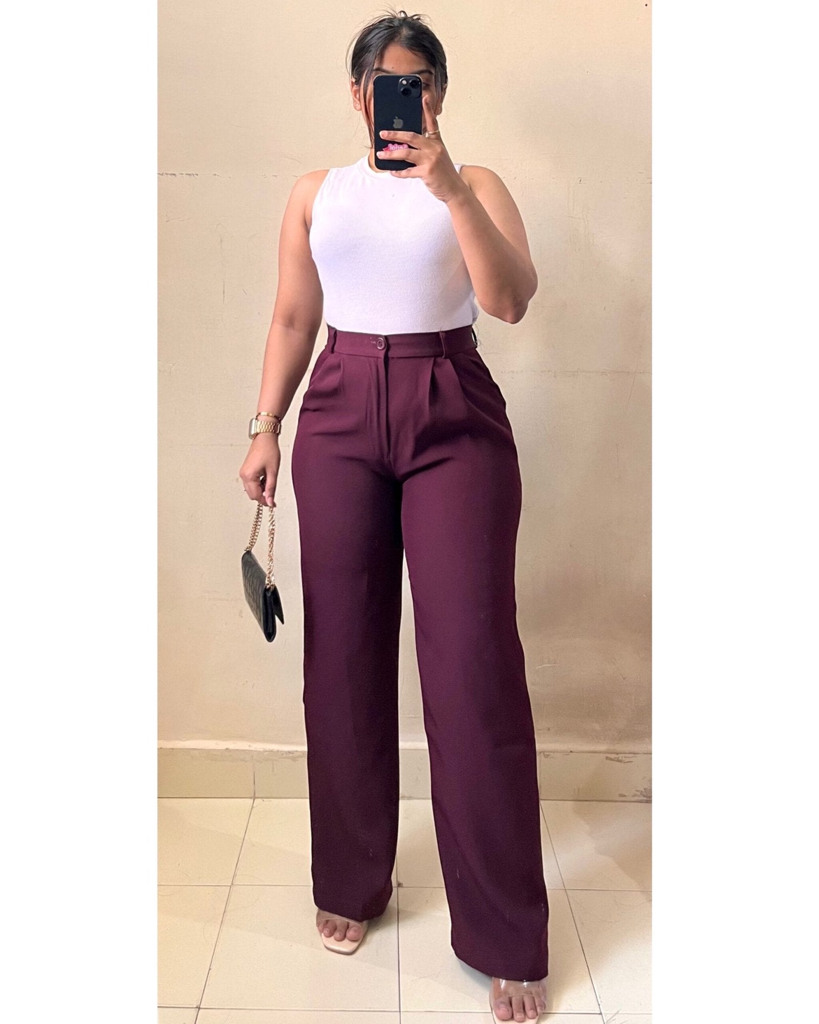 Korean Plated Maroon High Waist Trouser