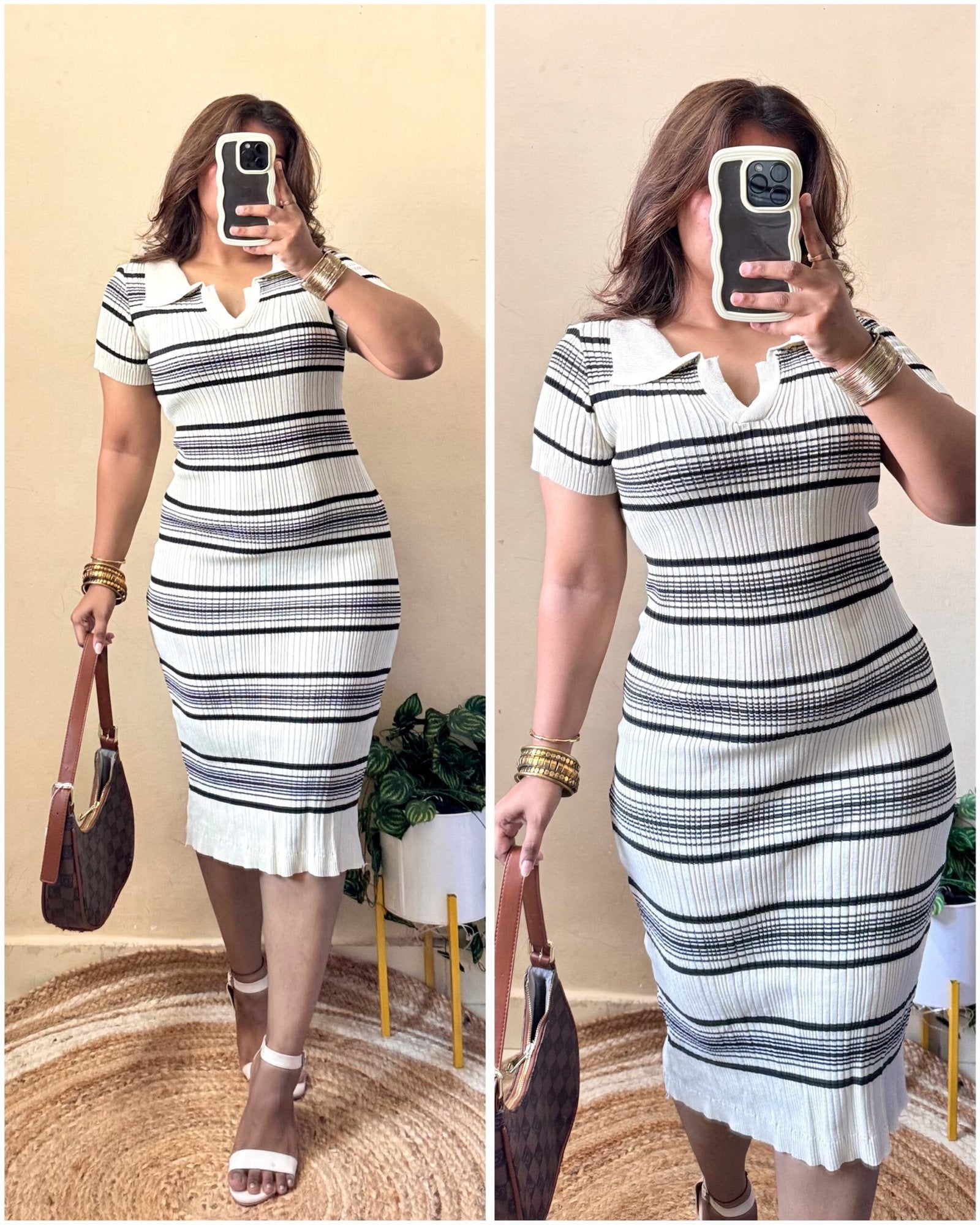 Beige Striped Collar Bodycon Dress