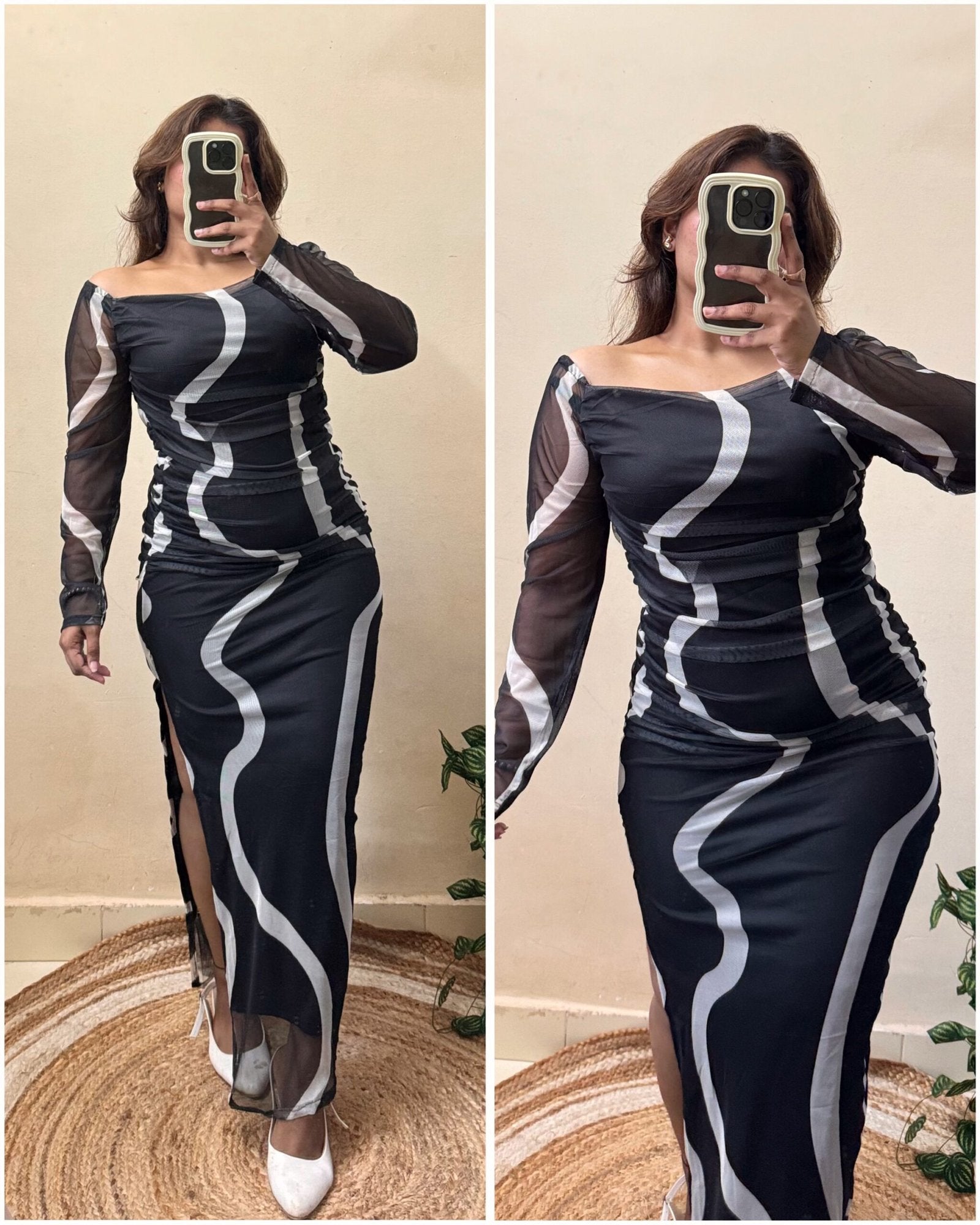 Black Wavy Print Mesh Slit Cut Mesh Bodycon Dress