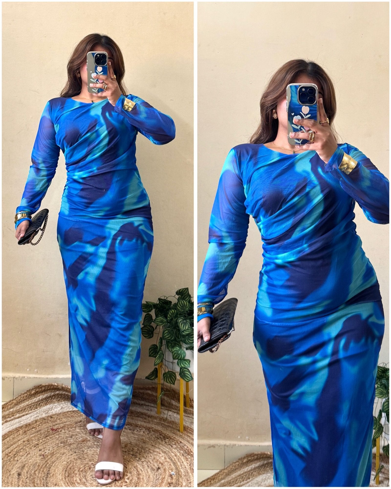Blue Marble Print Mesh Dress With Boya Neck