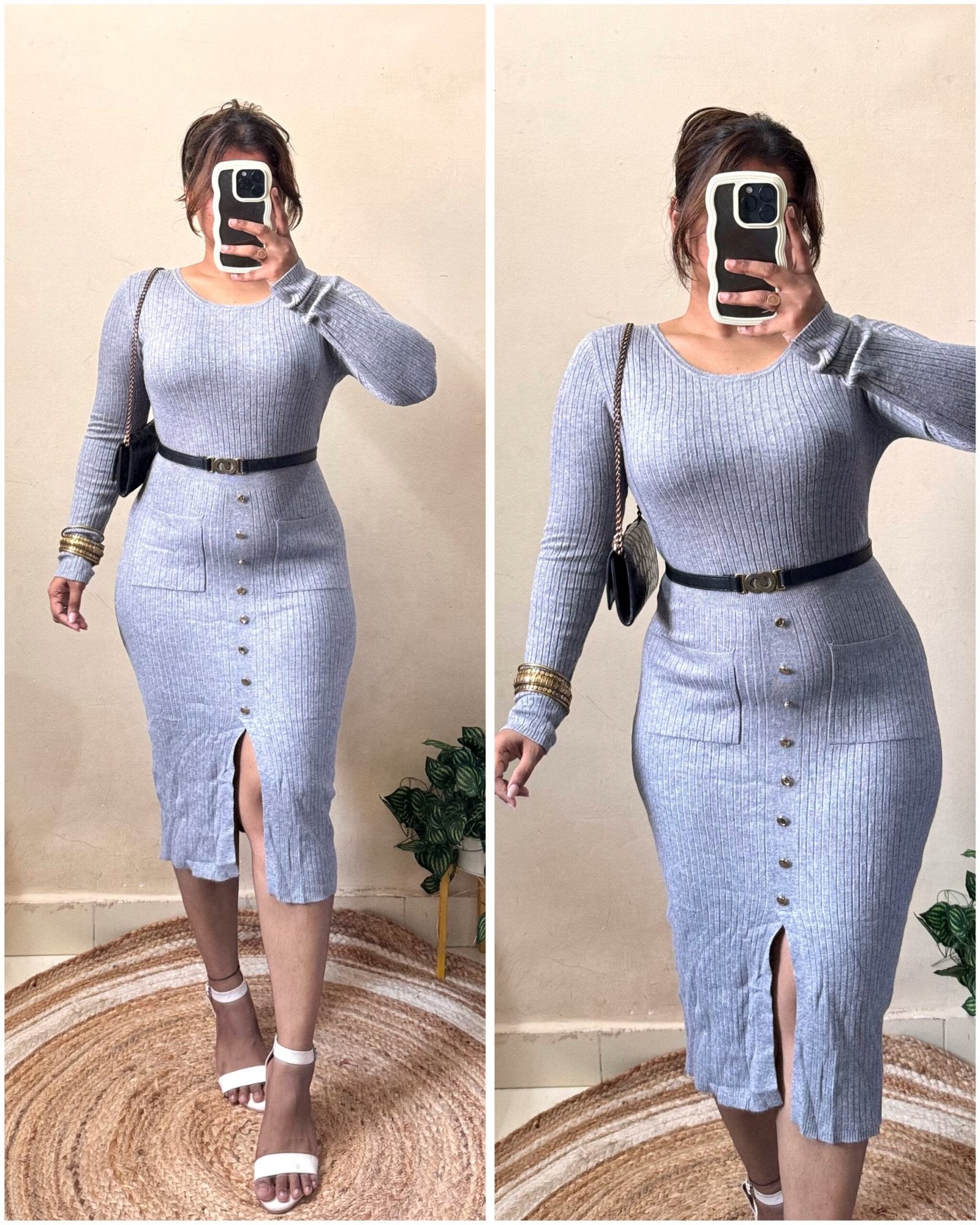 Grey Bodycon Dress With Belt