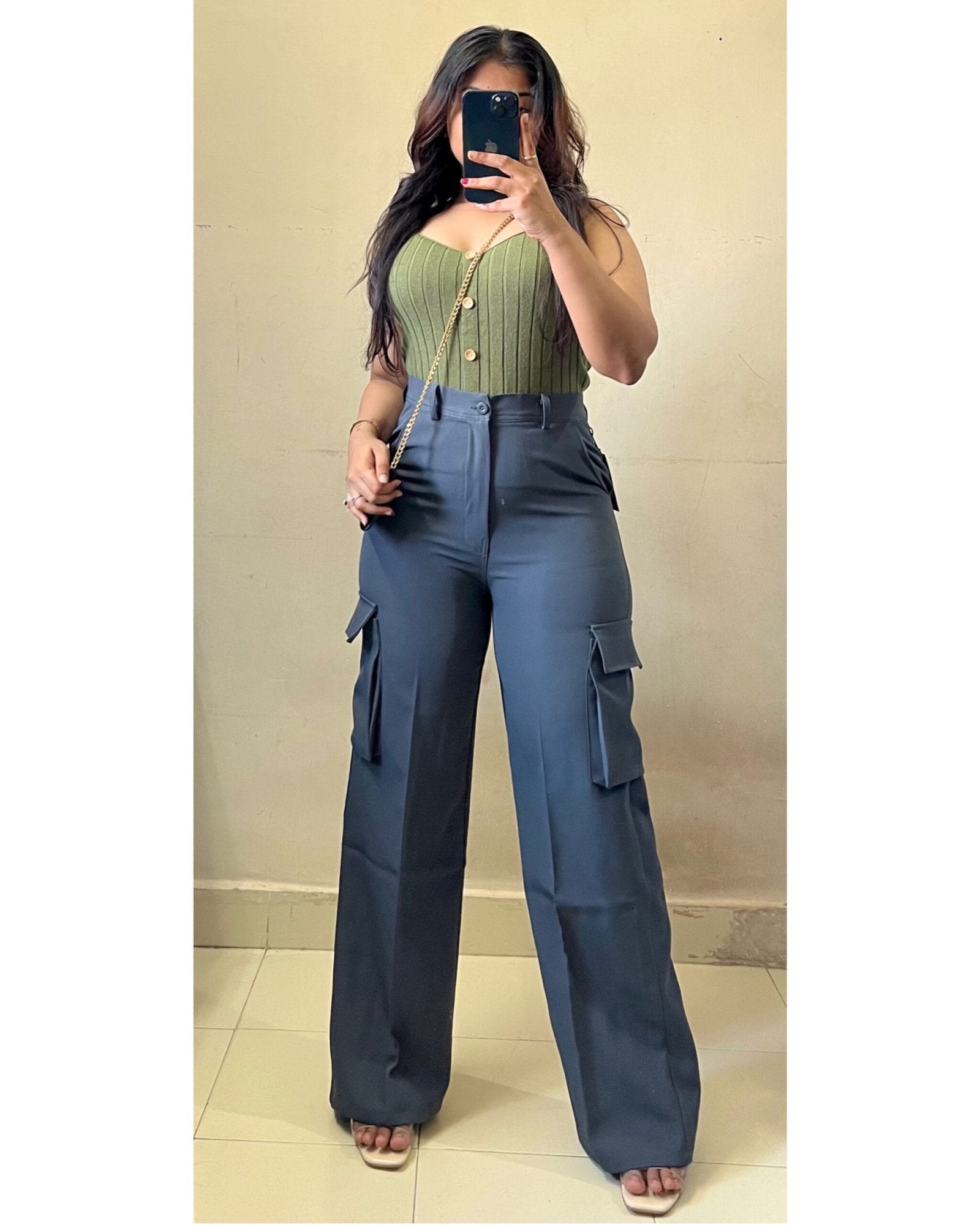 Korean Dark Grey High Waist Cargo
