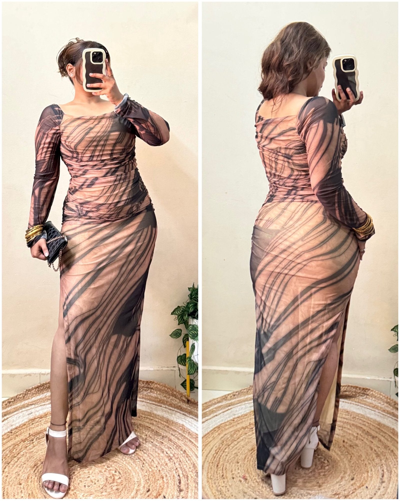 Beige Marble Print Slit Cut Mesh Bodycon Dress
