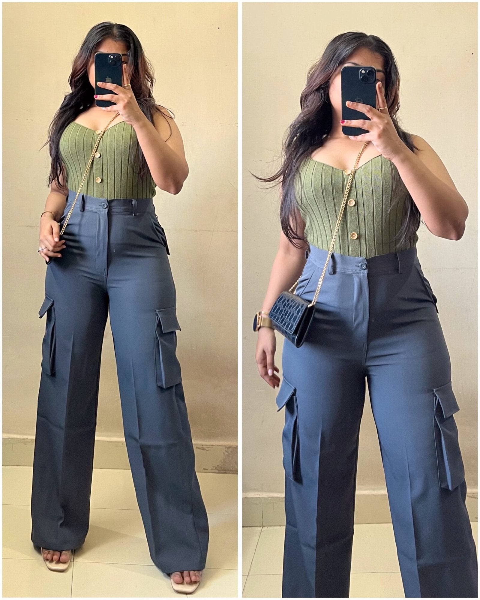 Korean Dark Grey High Waist Cargo