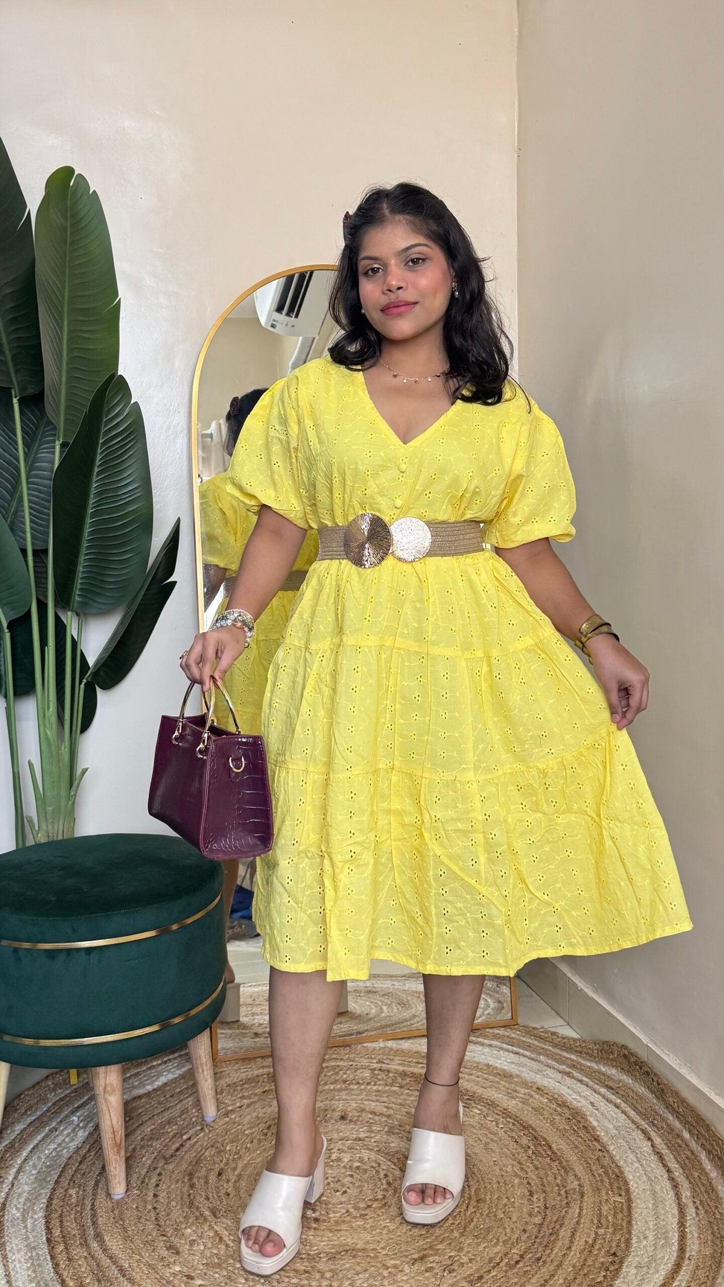 Butter Yellow Cotton Dress With belt(Free Size: 30-34 Bust)