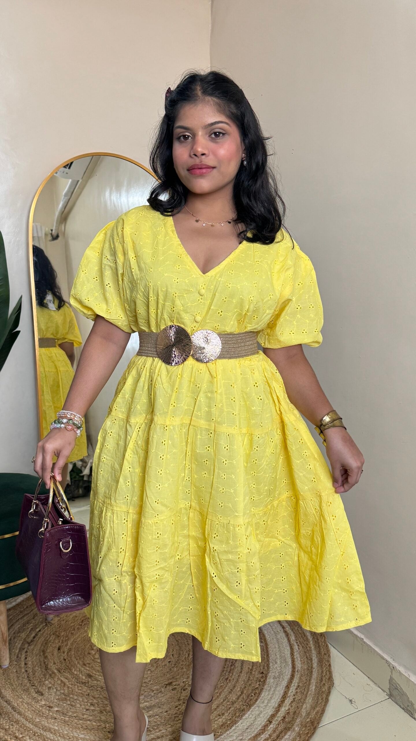 Butter Yellow Cotton Dress With belt(Free Size: 30-34 Bust)