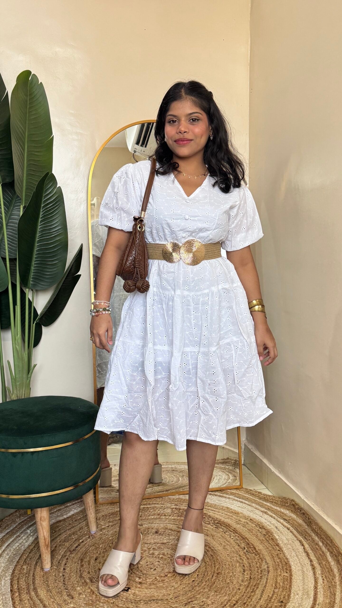 White Cotton Dress With belt