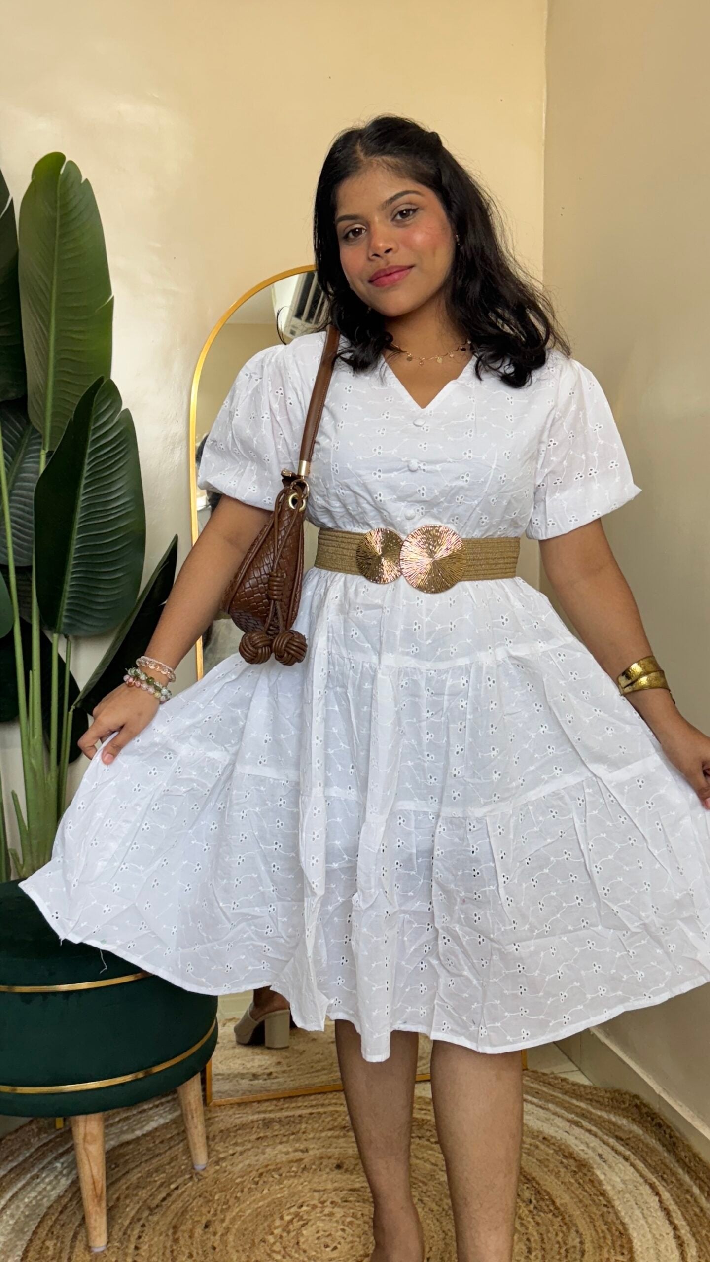 White Cotton Dress With belt