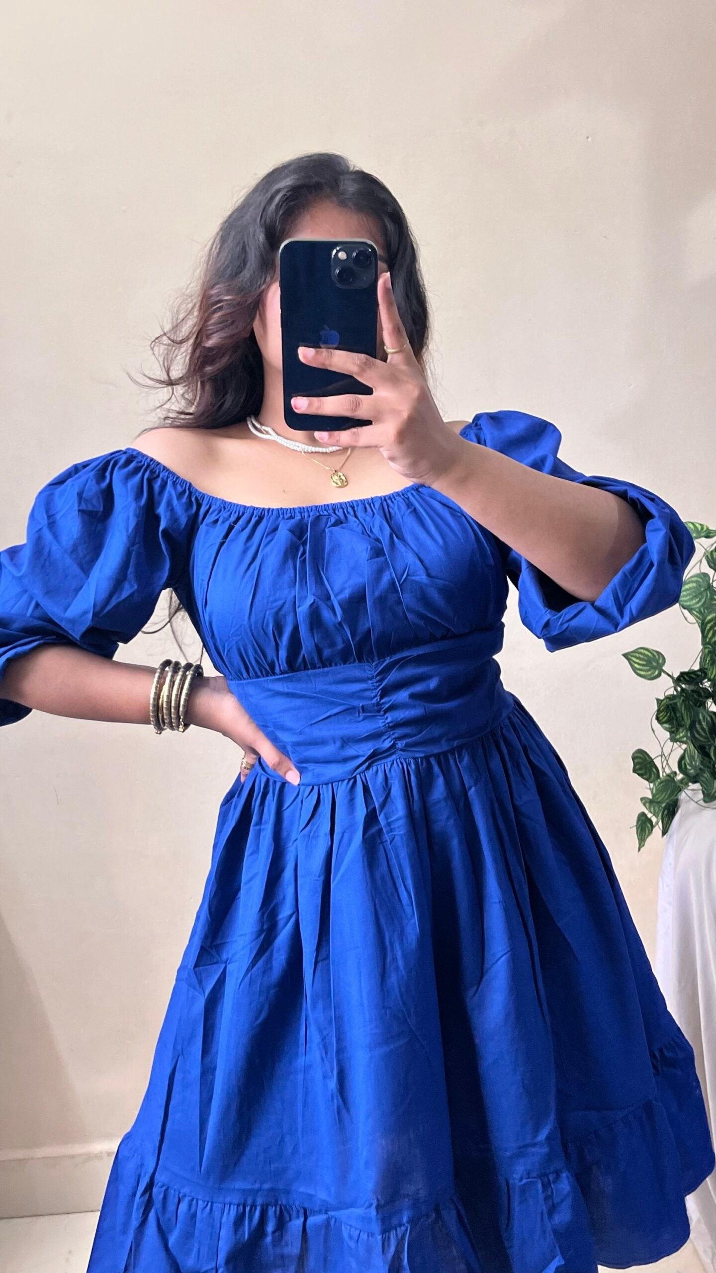 Blue Waist Ruched Dress (Free Size : 32-40 Bust)