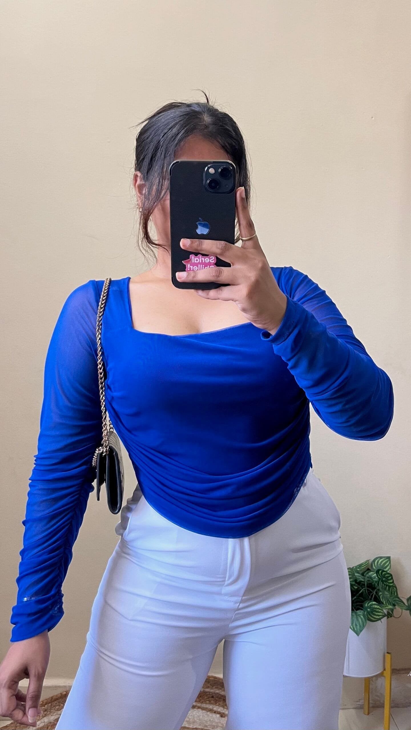 Blue Ruched Mesh Top