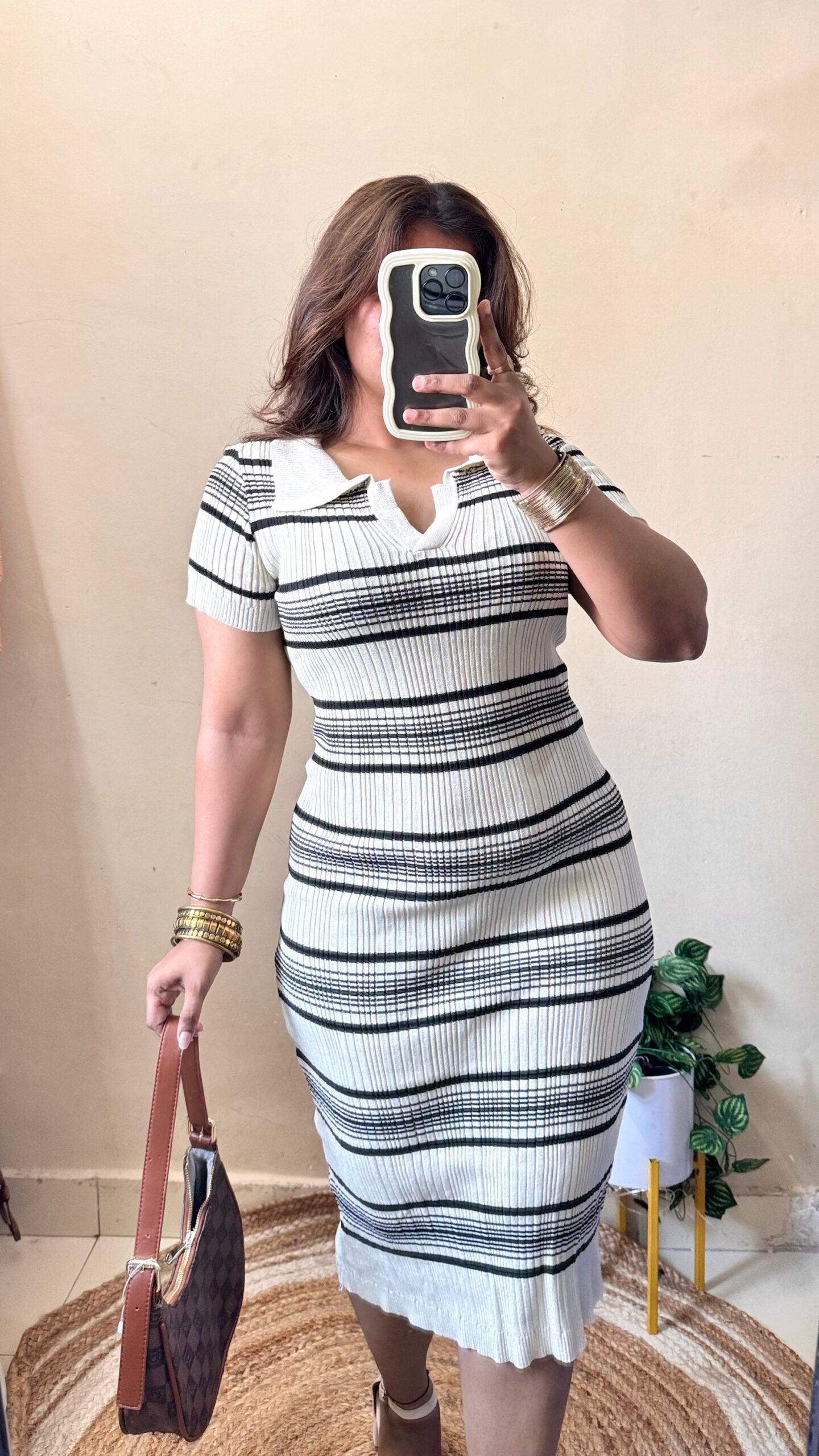 Beige Striped Collar Bodycon Dress