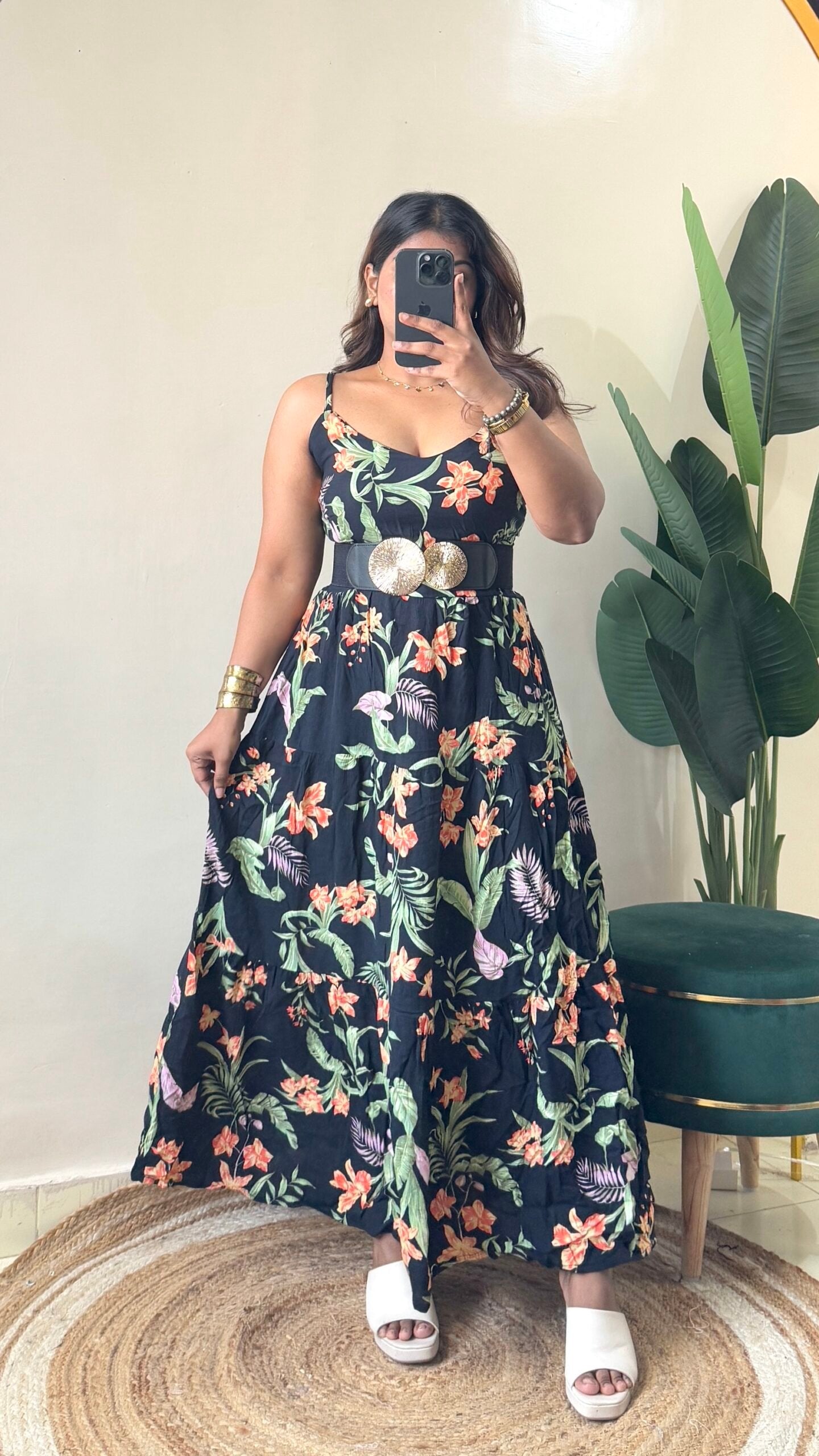 Black Floral Flowy Dress With Belt