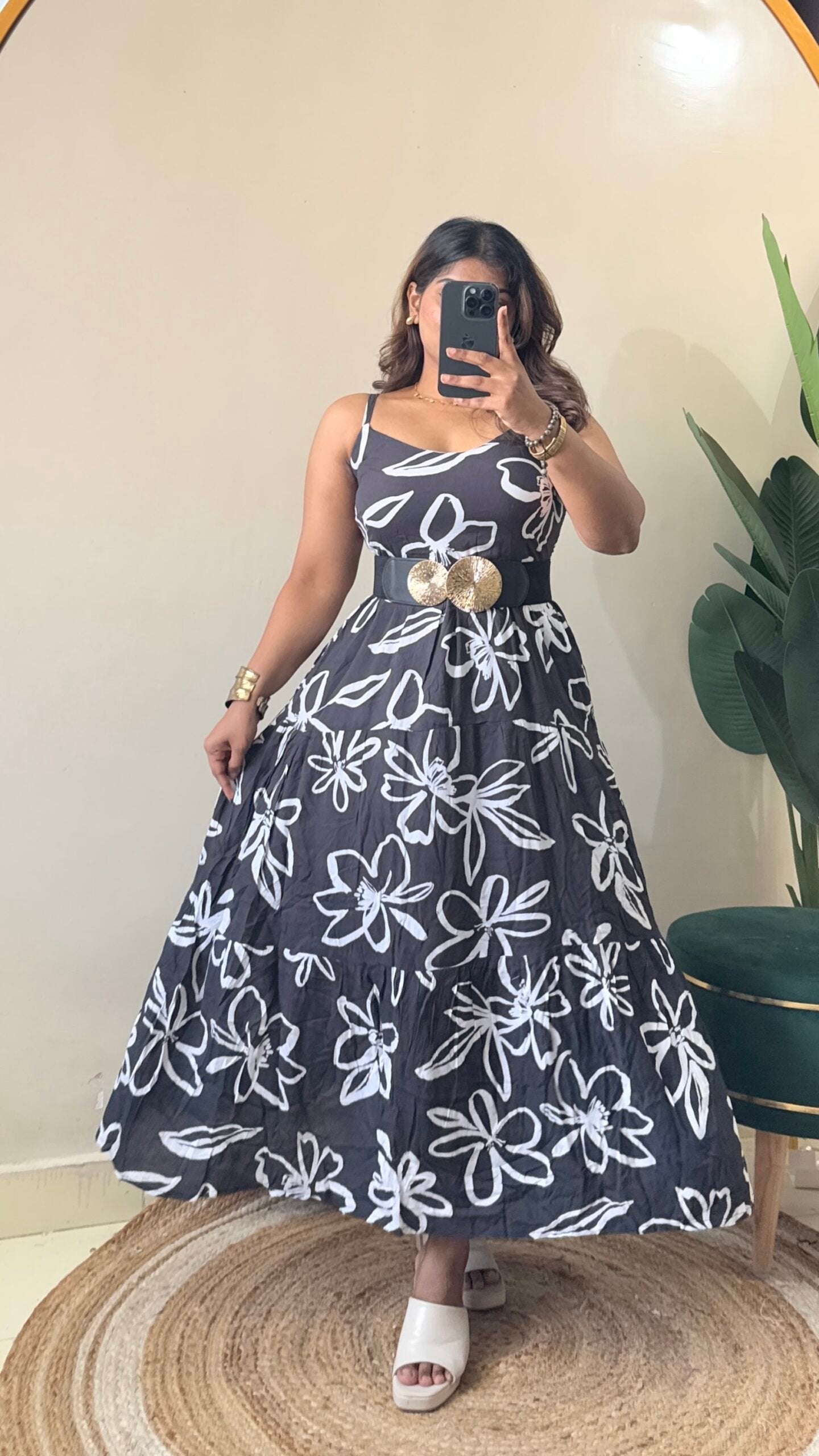 Grey Floral Flowy Dress With Belt