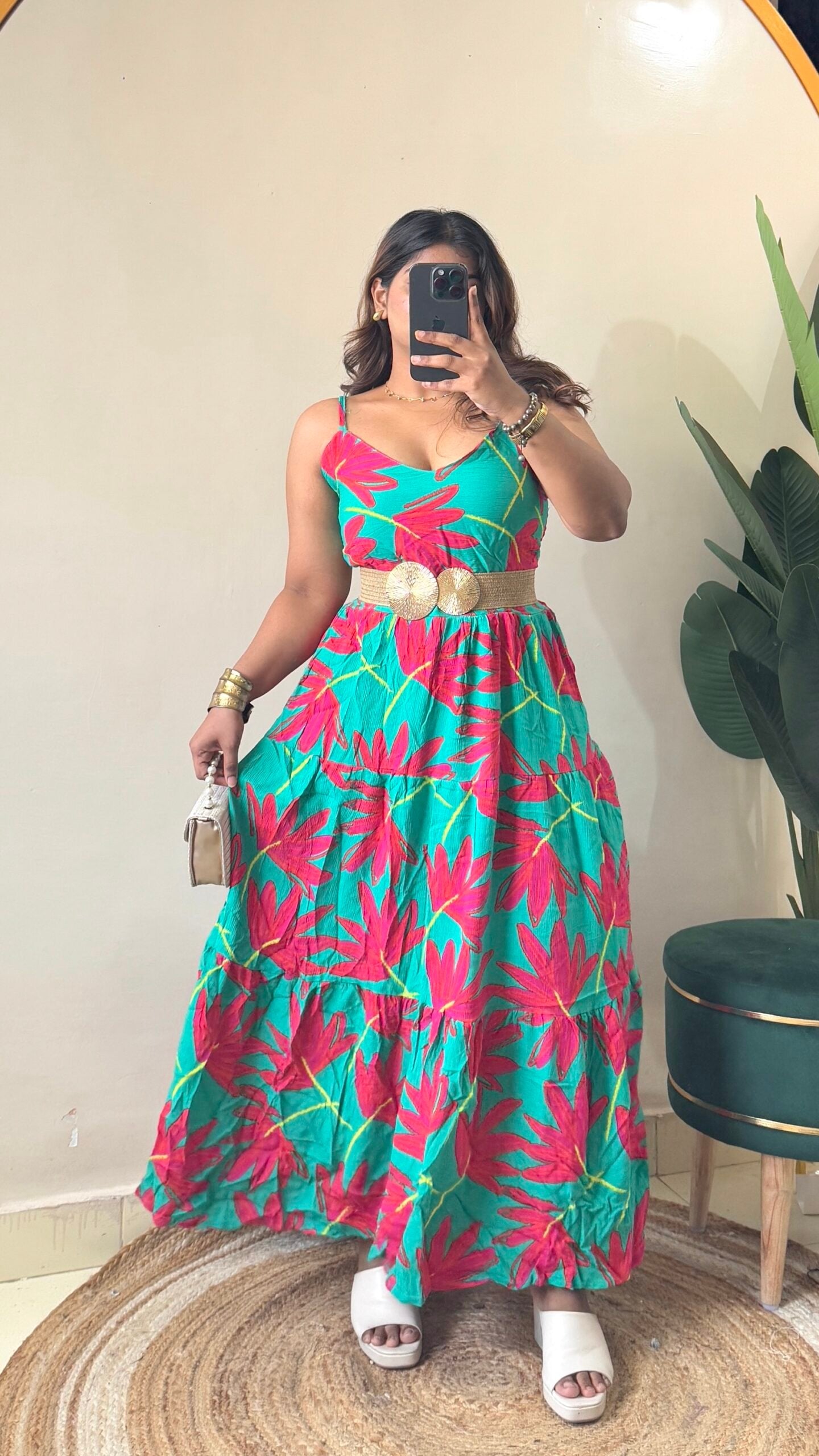 Green Floral Flowy Dress With Belt