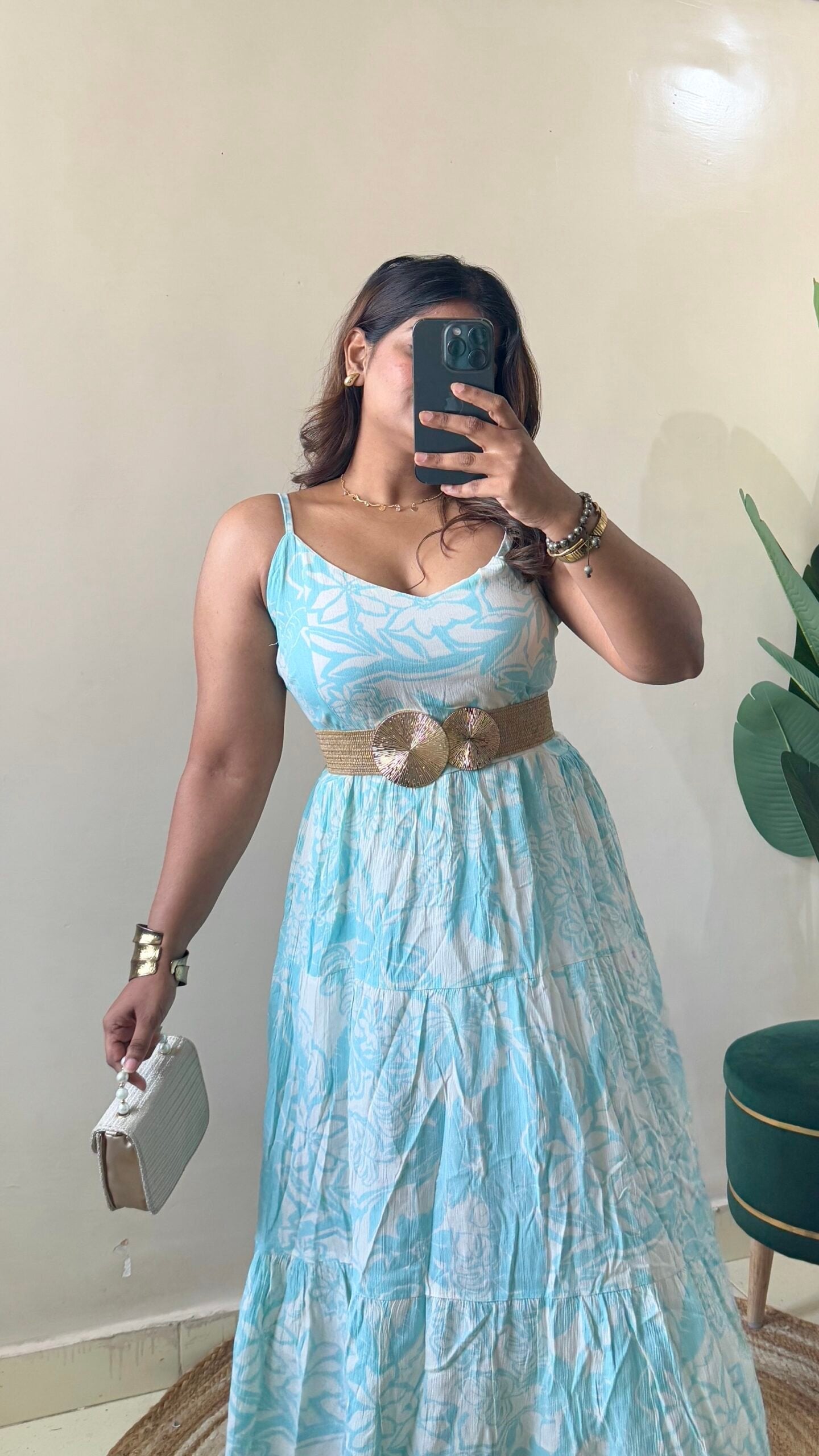 Blue Floral Flowy Dress With Belt