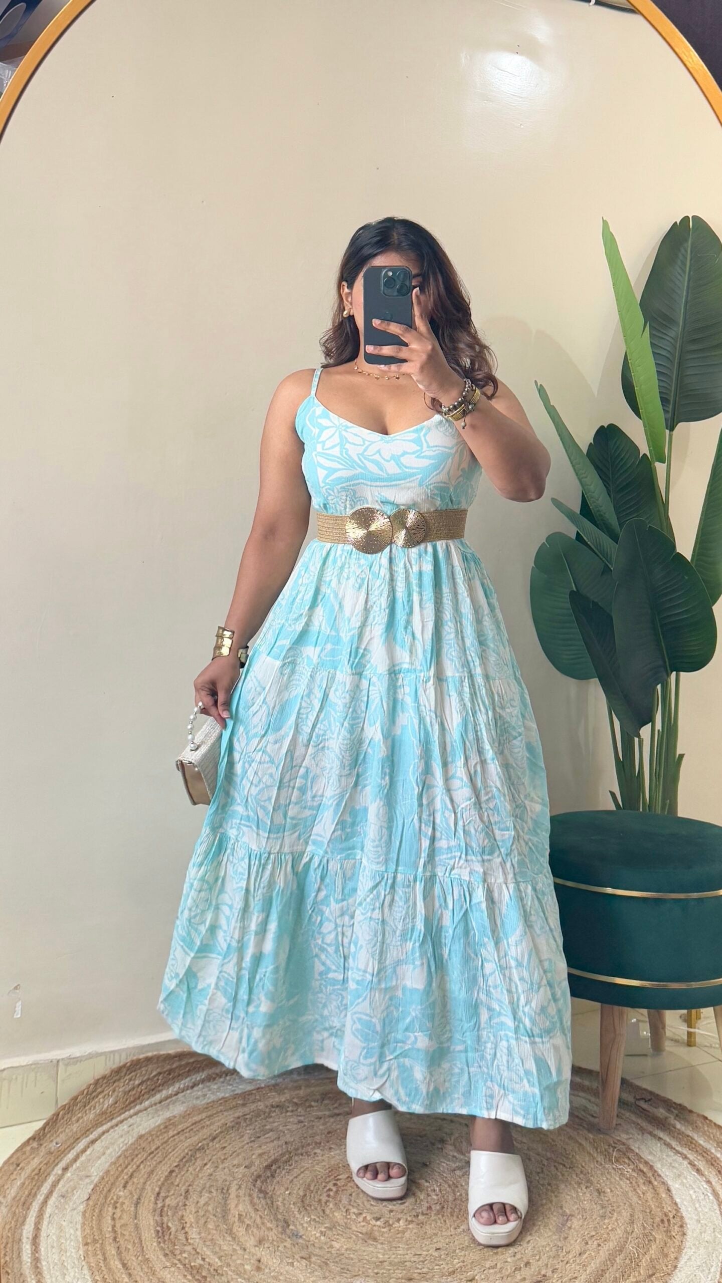 Blue Floral Flowy Dress With Belt