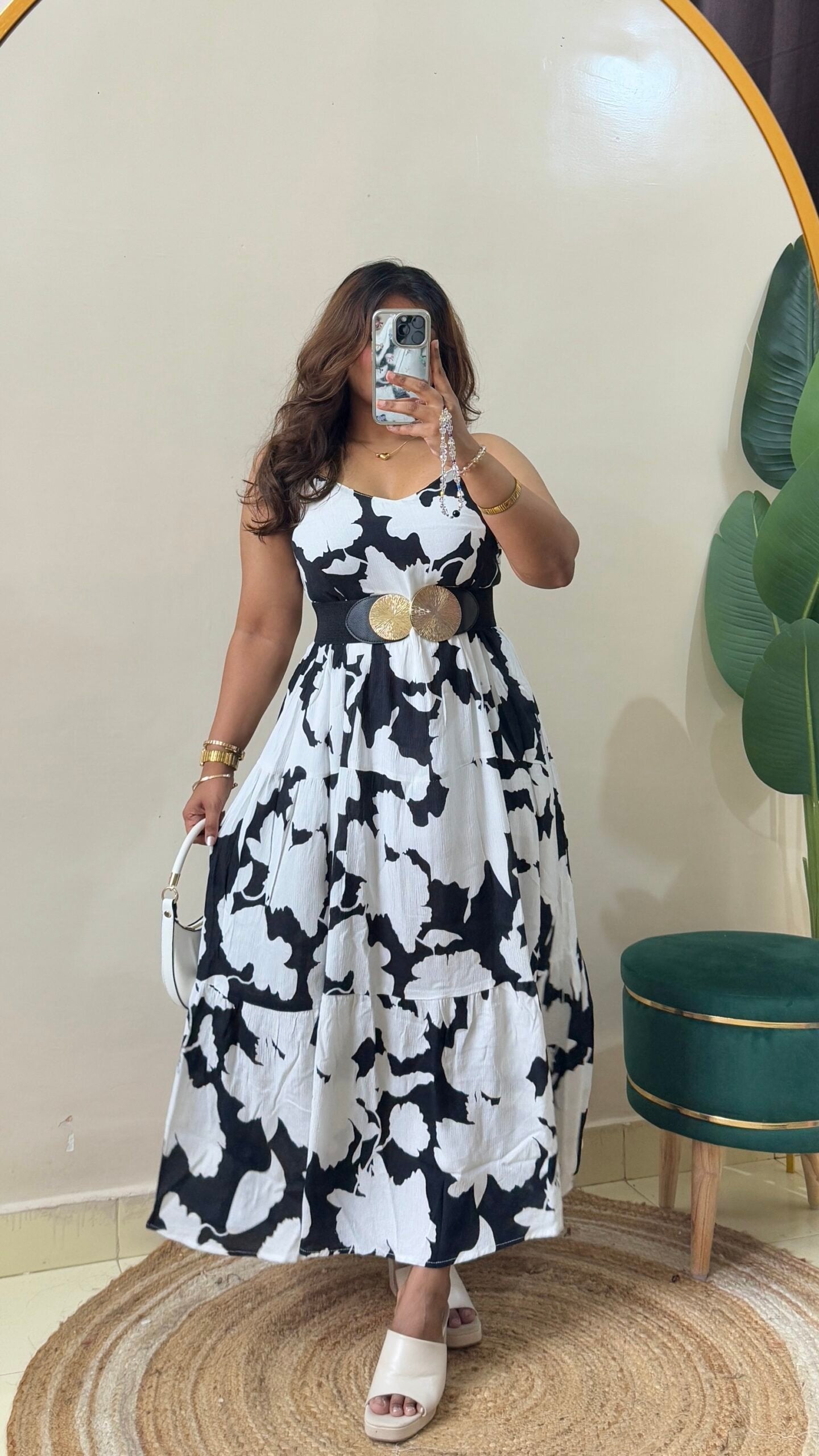 Black White Floral Flowy Dress With Belt
