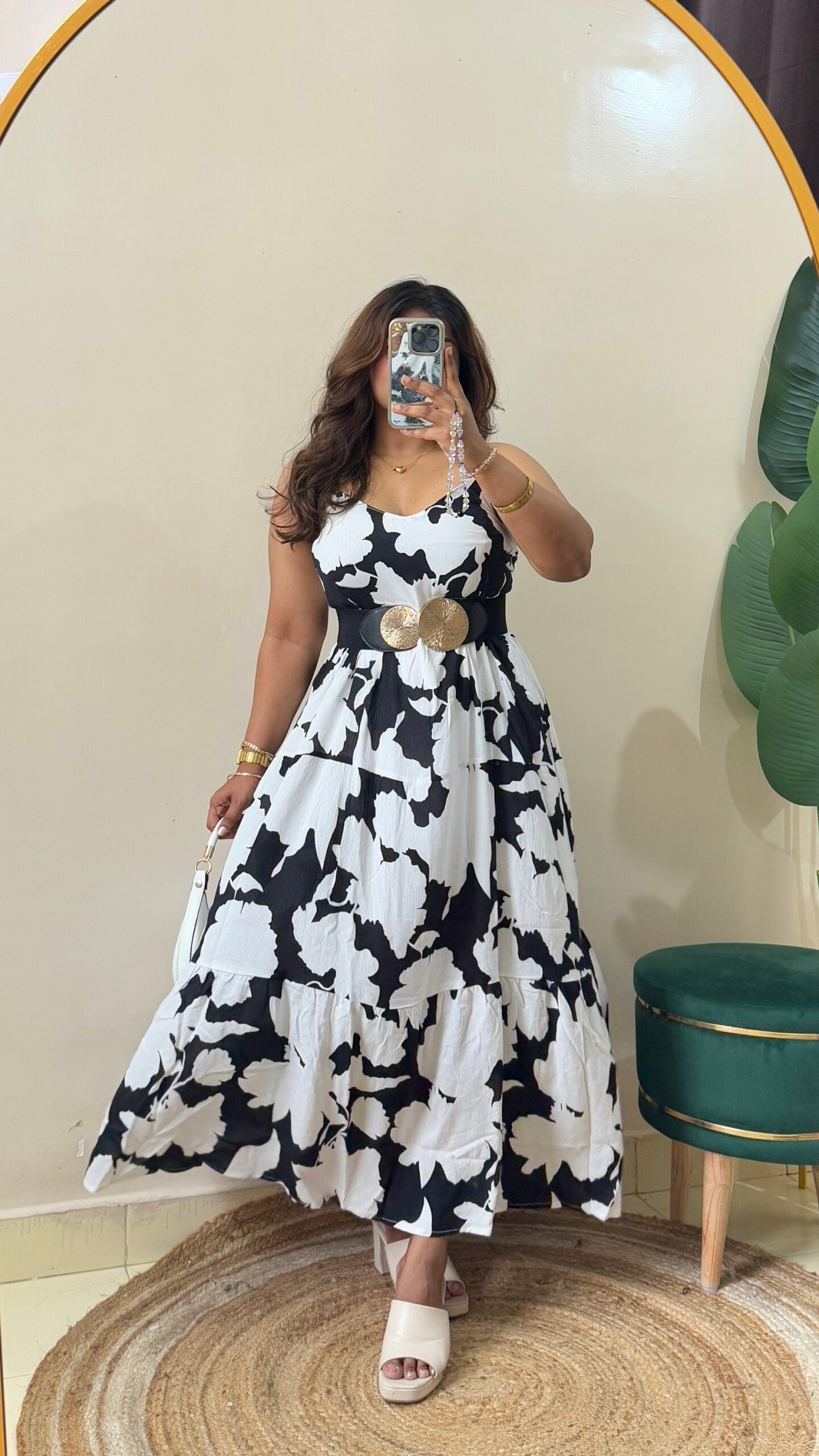 Black White Floral Flowy Dress With Belt
