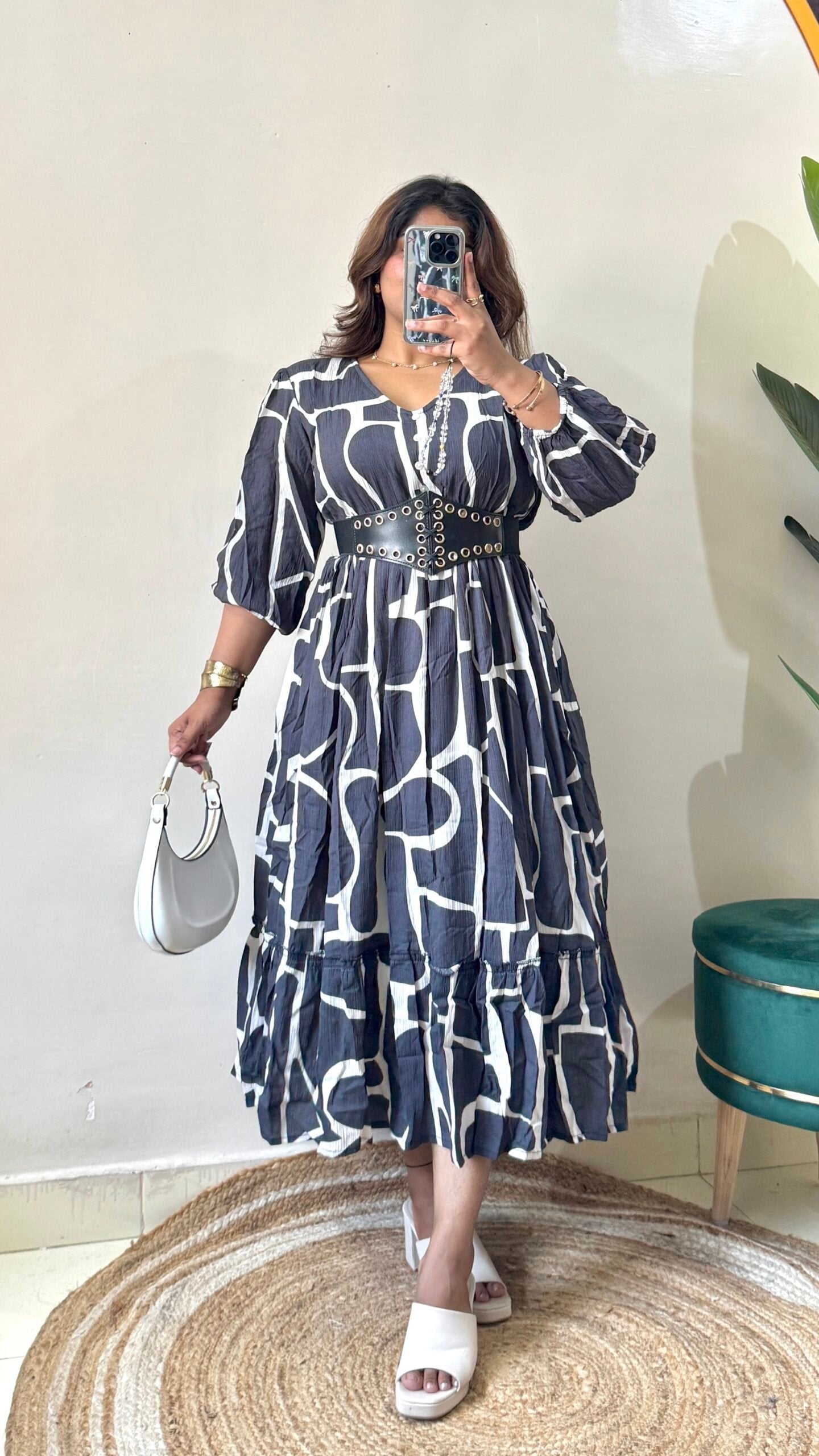 Grey White Floral Dress With Belt