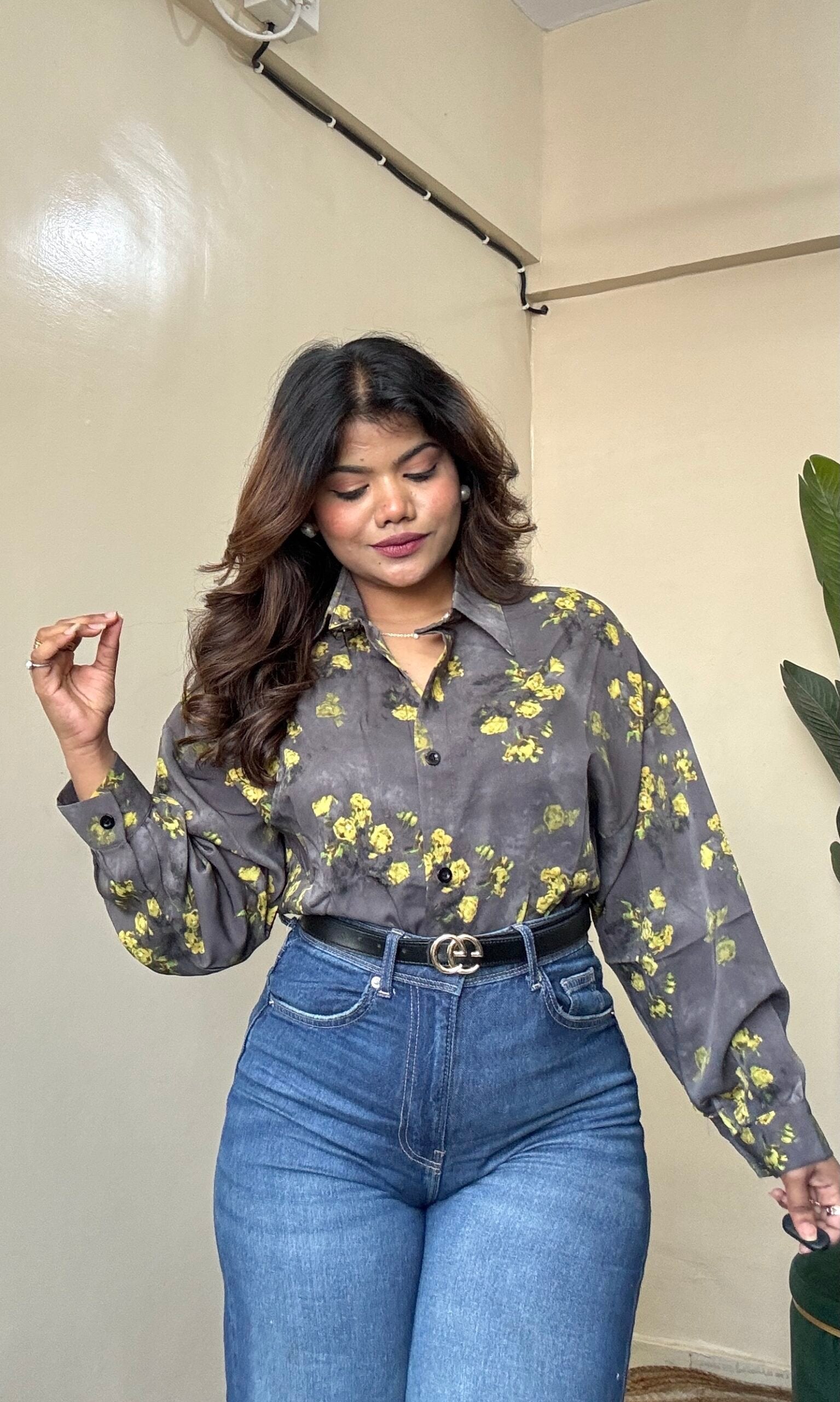 Greyish Yellow Floral Printed Shirt