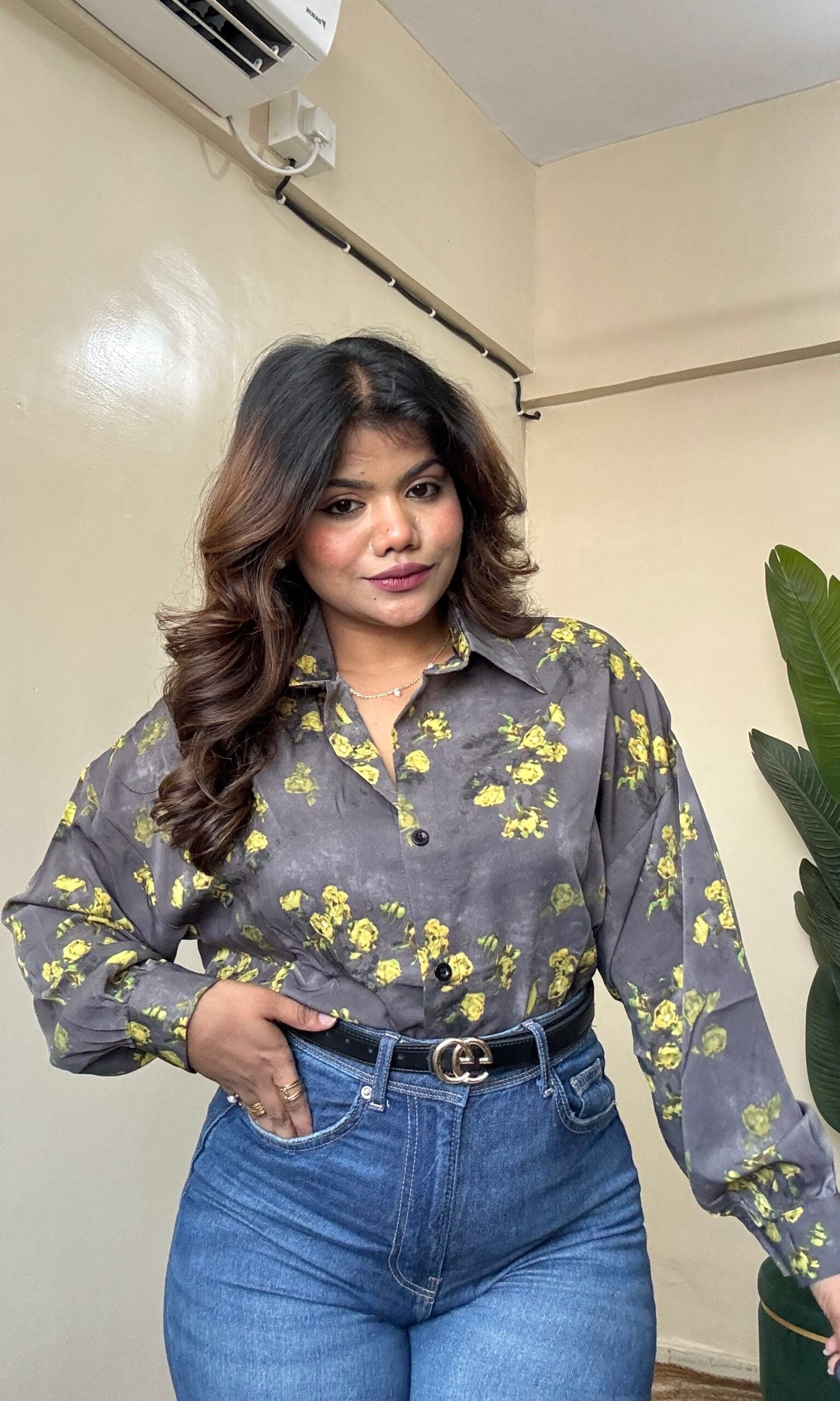 Greyish Yellow Floral Printed Shirt