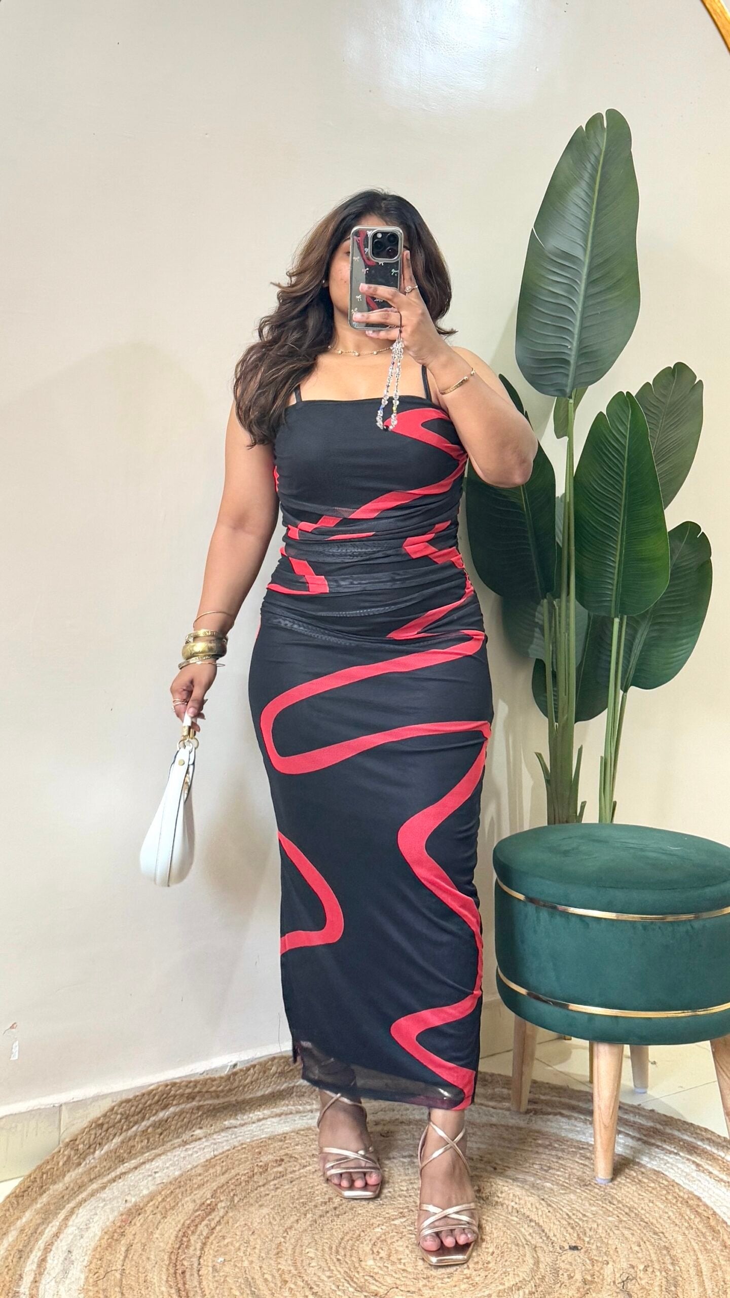 Wavy Red Print Slip-On Midi Dress