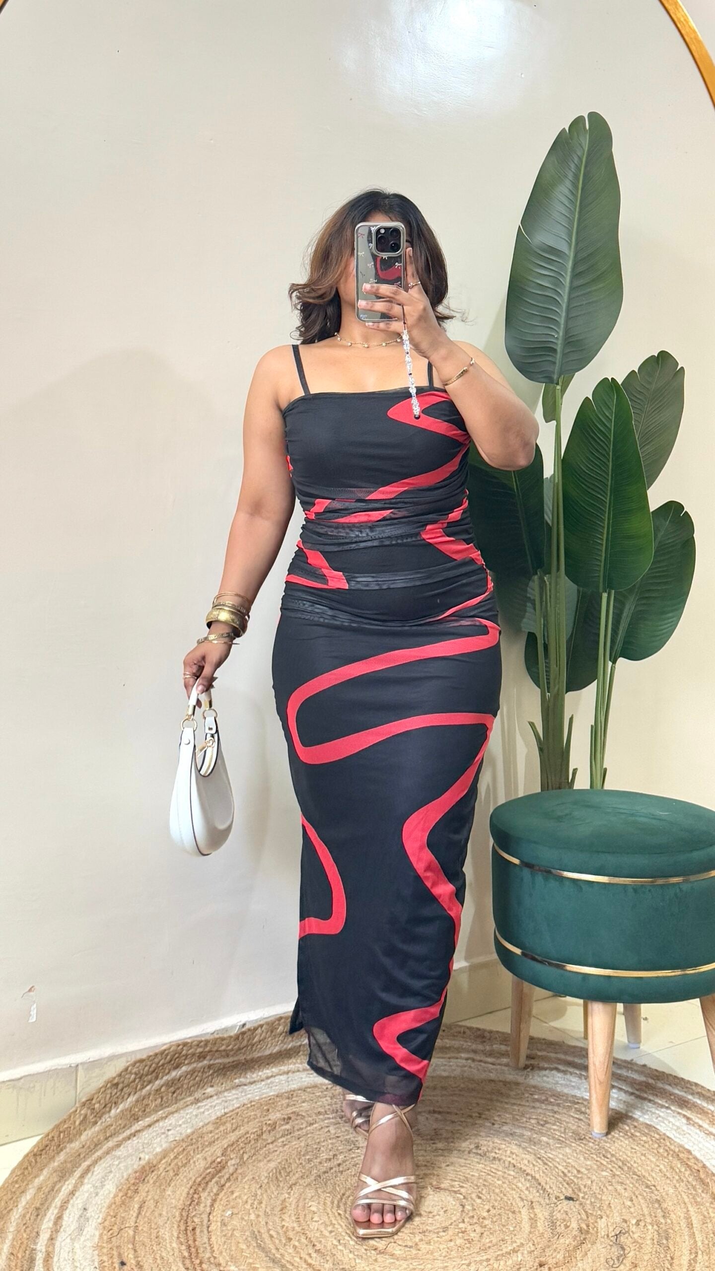 Wavy Red Print Slip-On Midi Dress