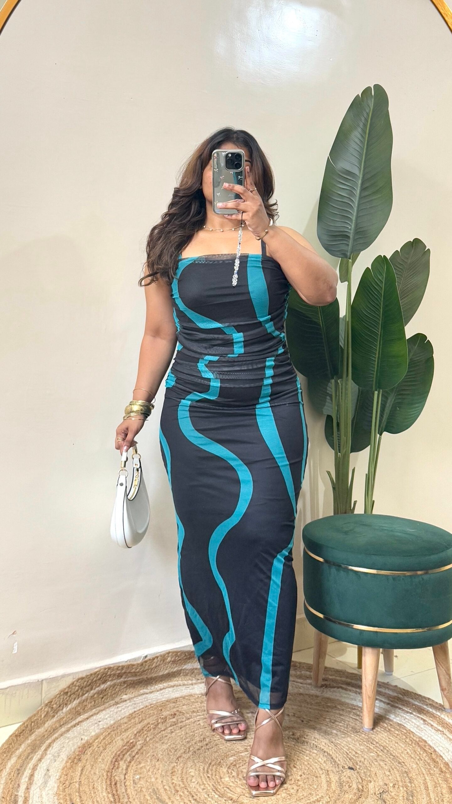 Wavy Blue Print Slip-On Midi Dress