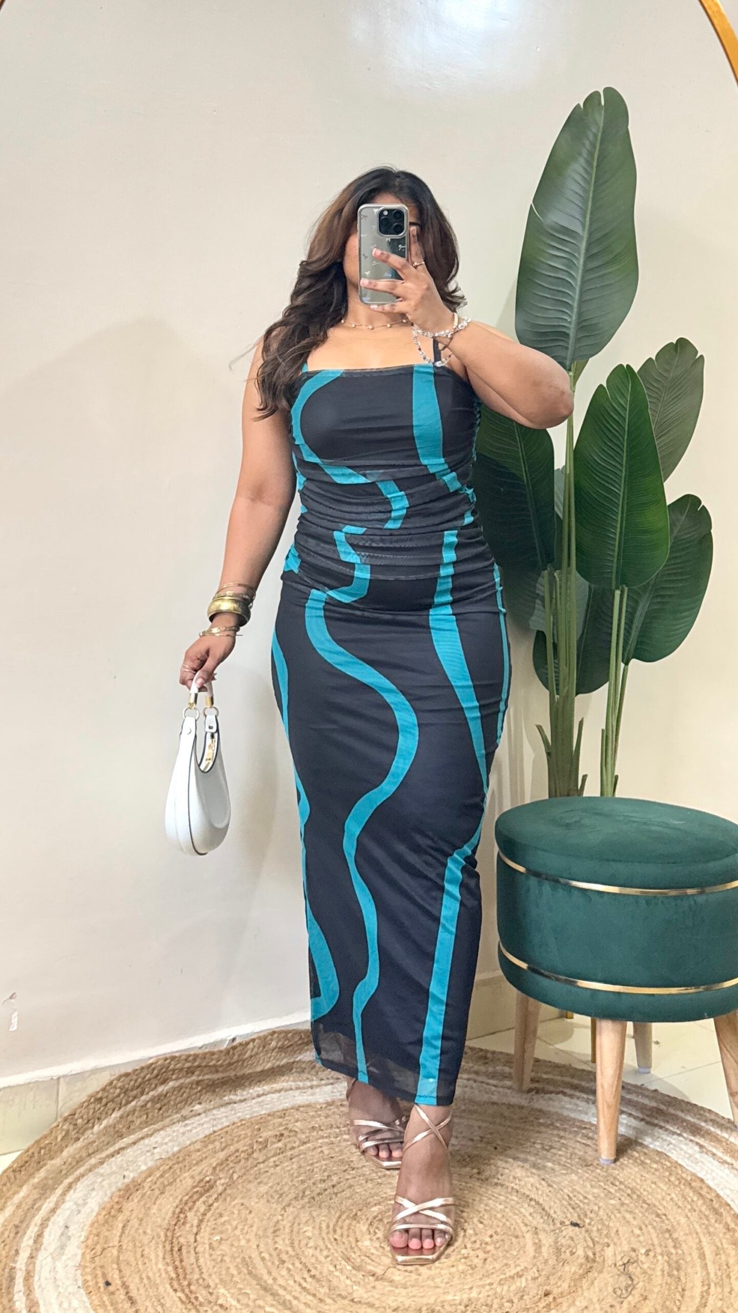 Wavy Blue Print Slip-On Midi Dress