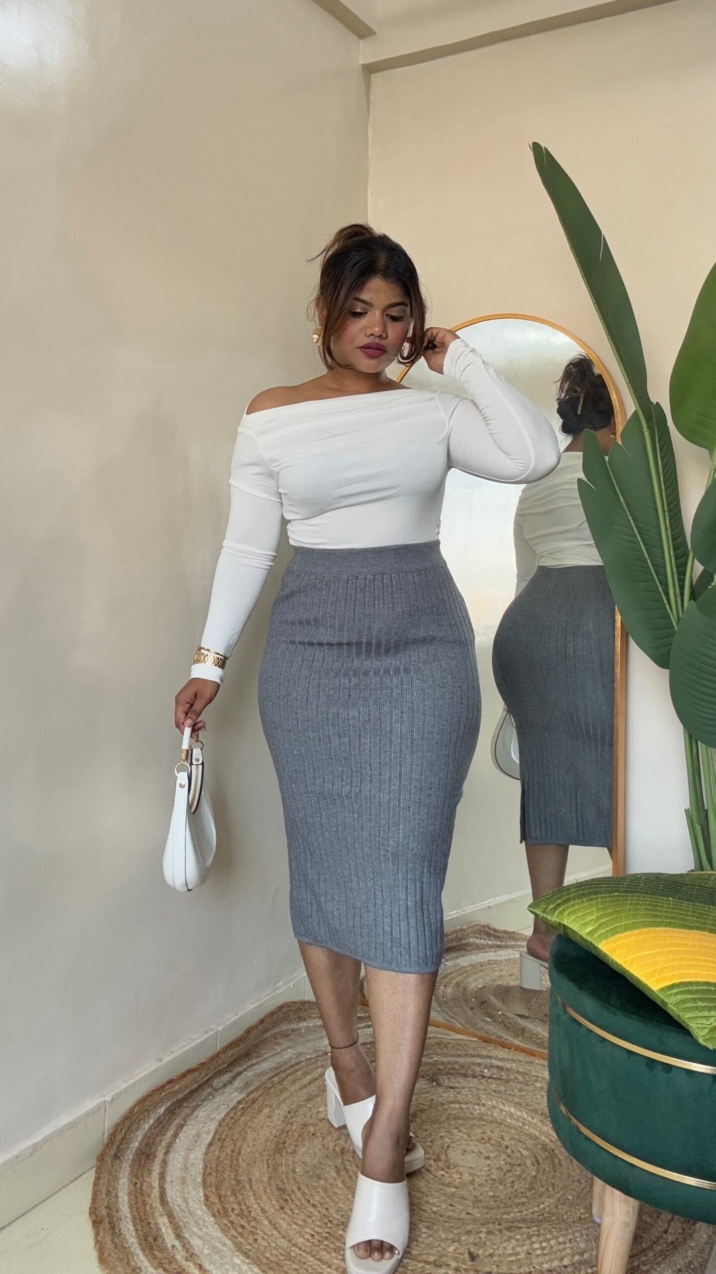 White Top With Grey Ribbed Bodycon Skirt