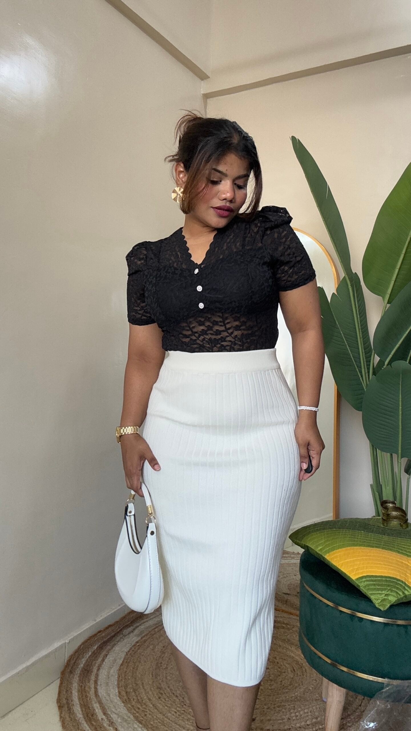 White Bodycon Ribbed Skirt (Free Size)