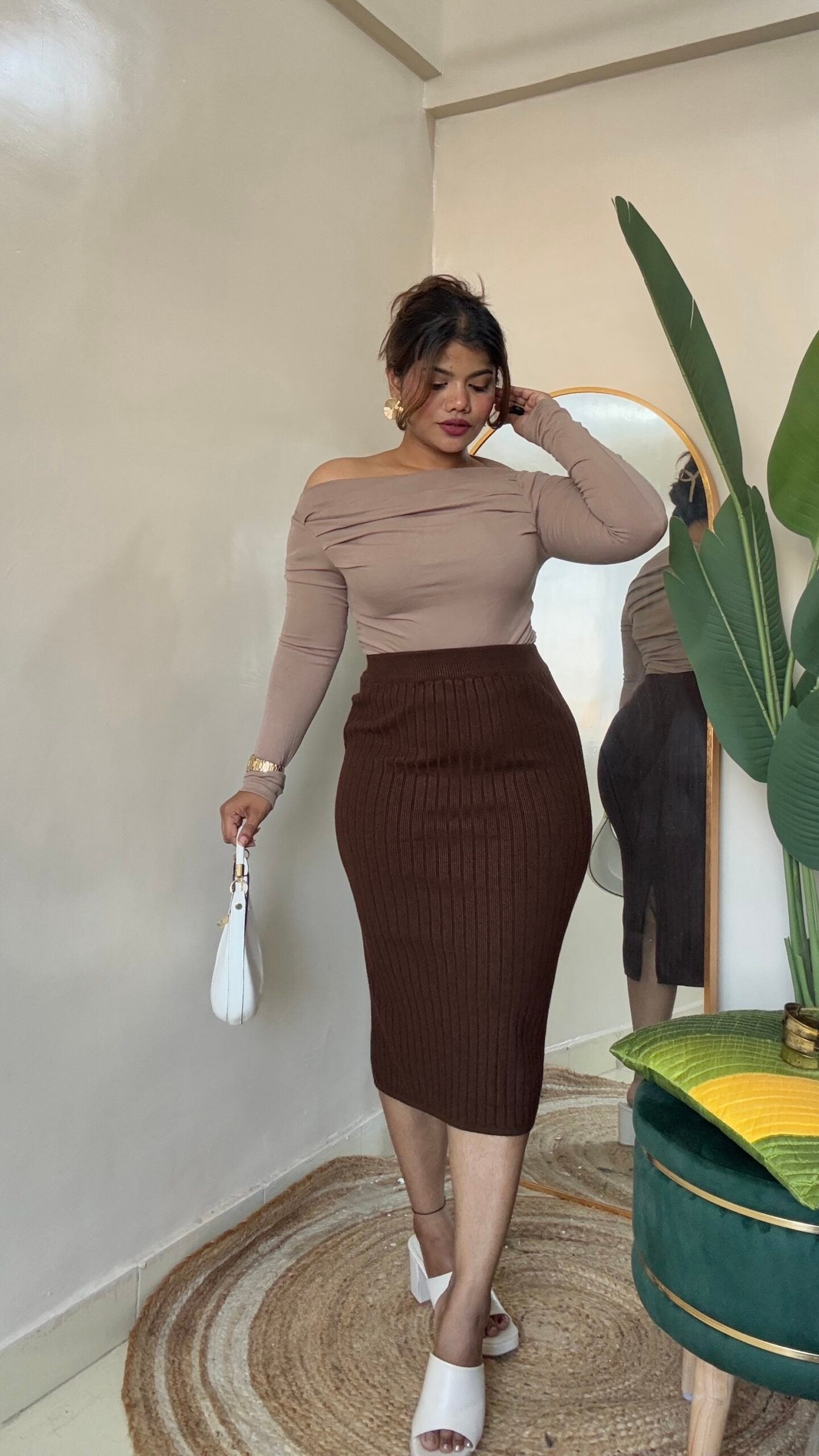 Brown Bodycon Ribbed Skirt