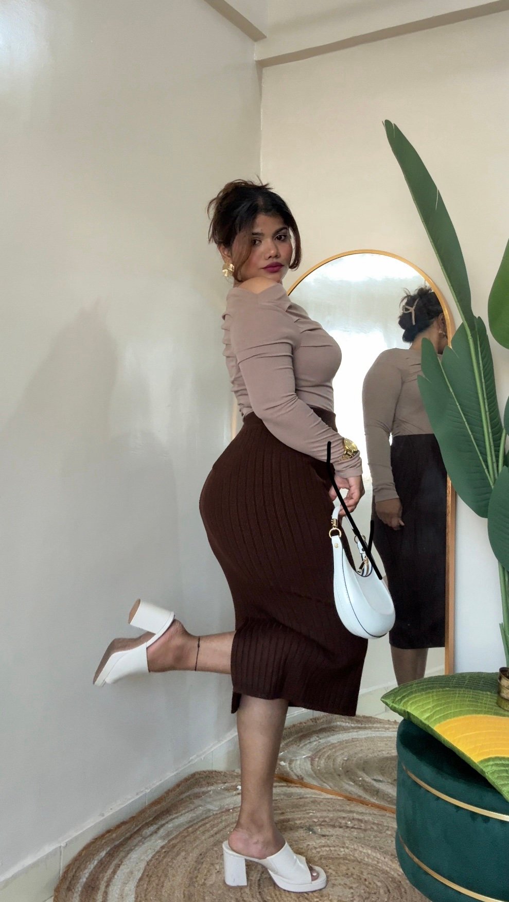 Brown Bodycon Ribbed Skirt
