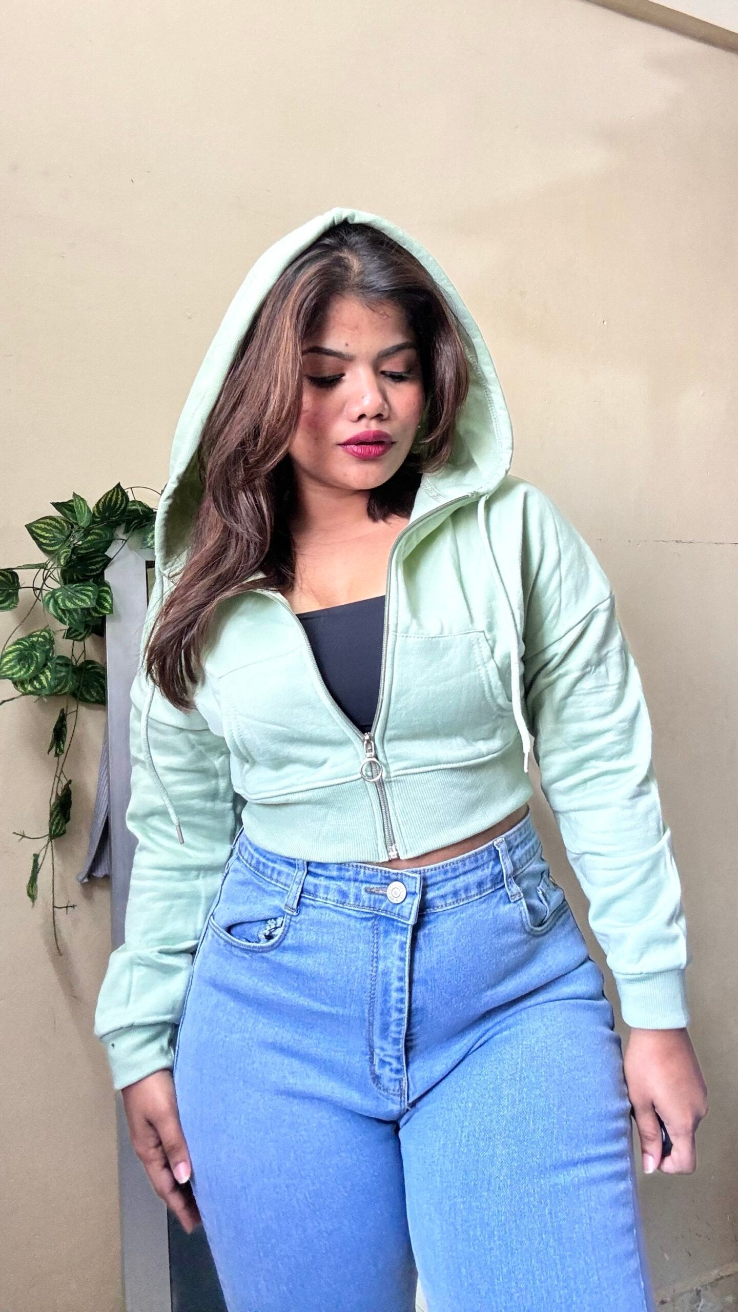 Mint Green Fleece Crop Hoodie (free size : 30-36 Bust)