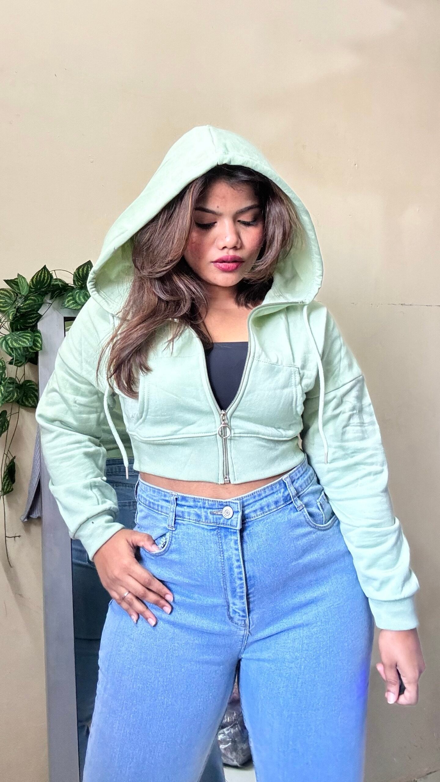 Mint Green Fleece Crop Hoodie (free size : 30-36 Bust)
