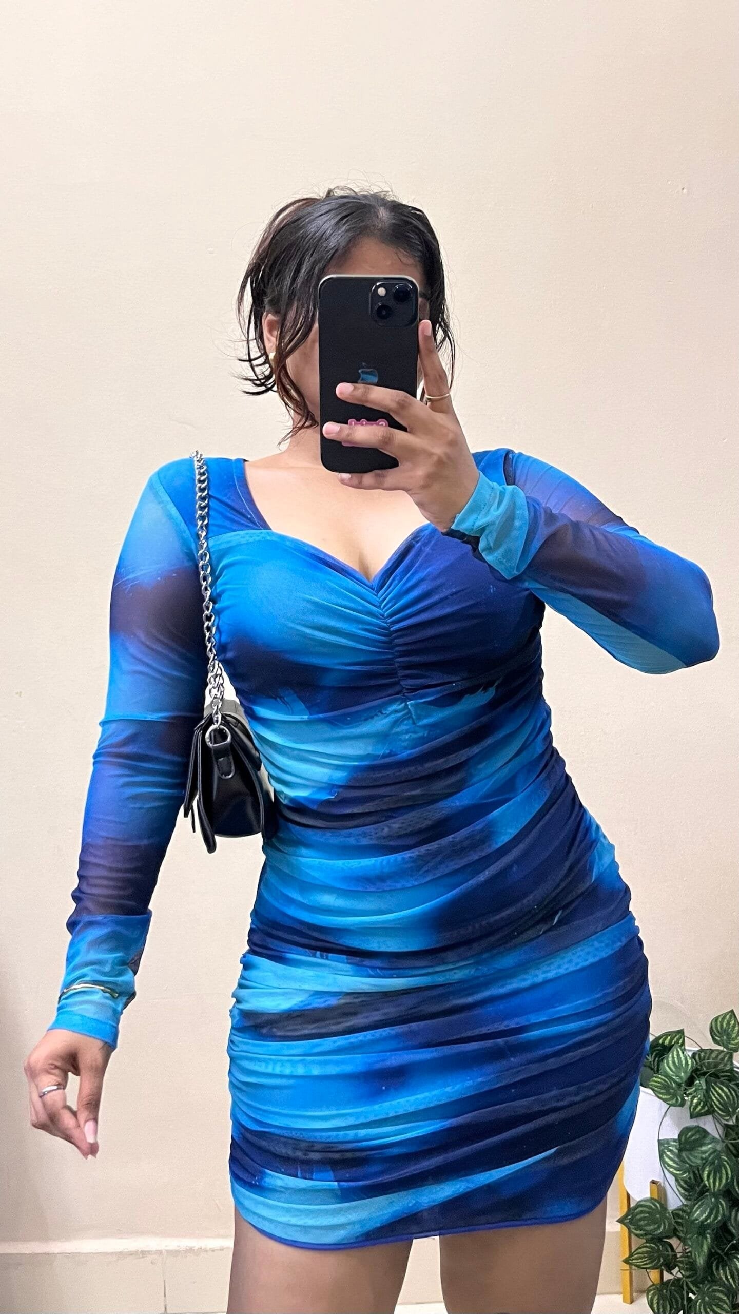 Blue Marble Print Sweetheart Neck Mesh Dress