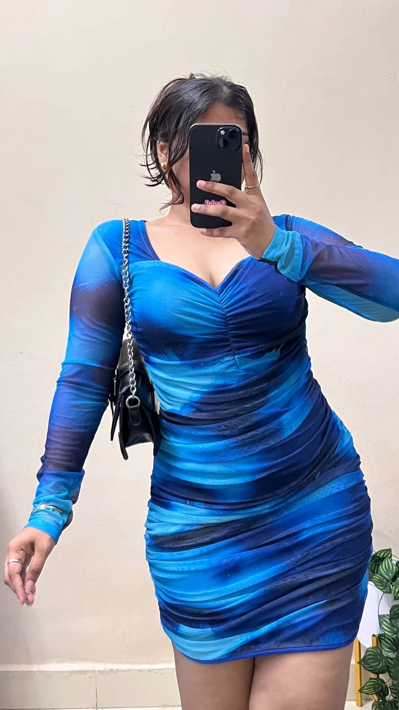 Blue Marble Print Sweetheart Neck Mesh Dress