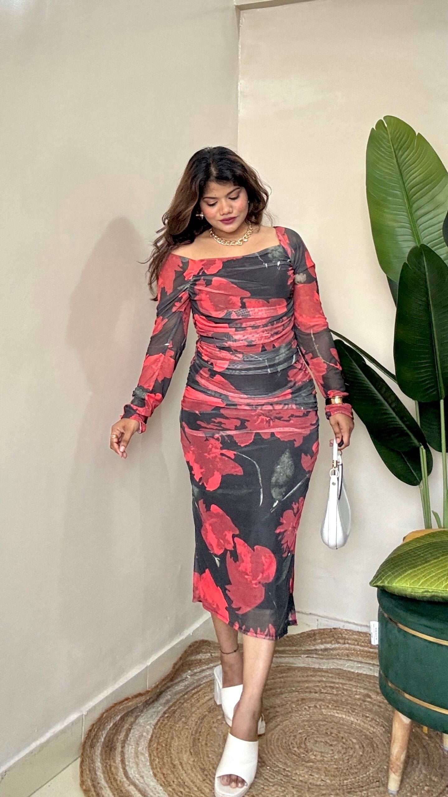 Black Floral Ruched Bodycon Mesh Dress