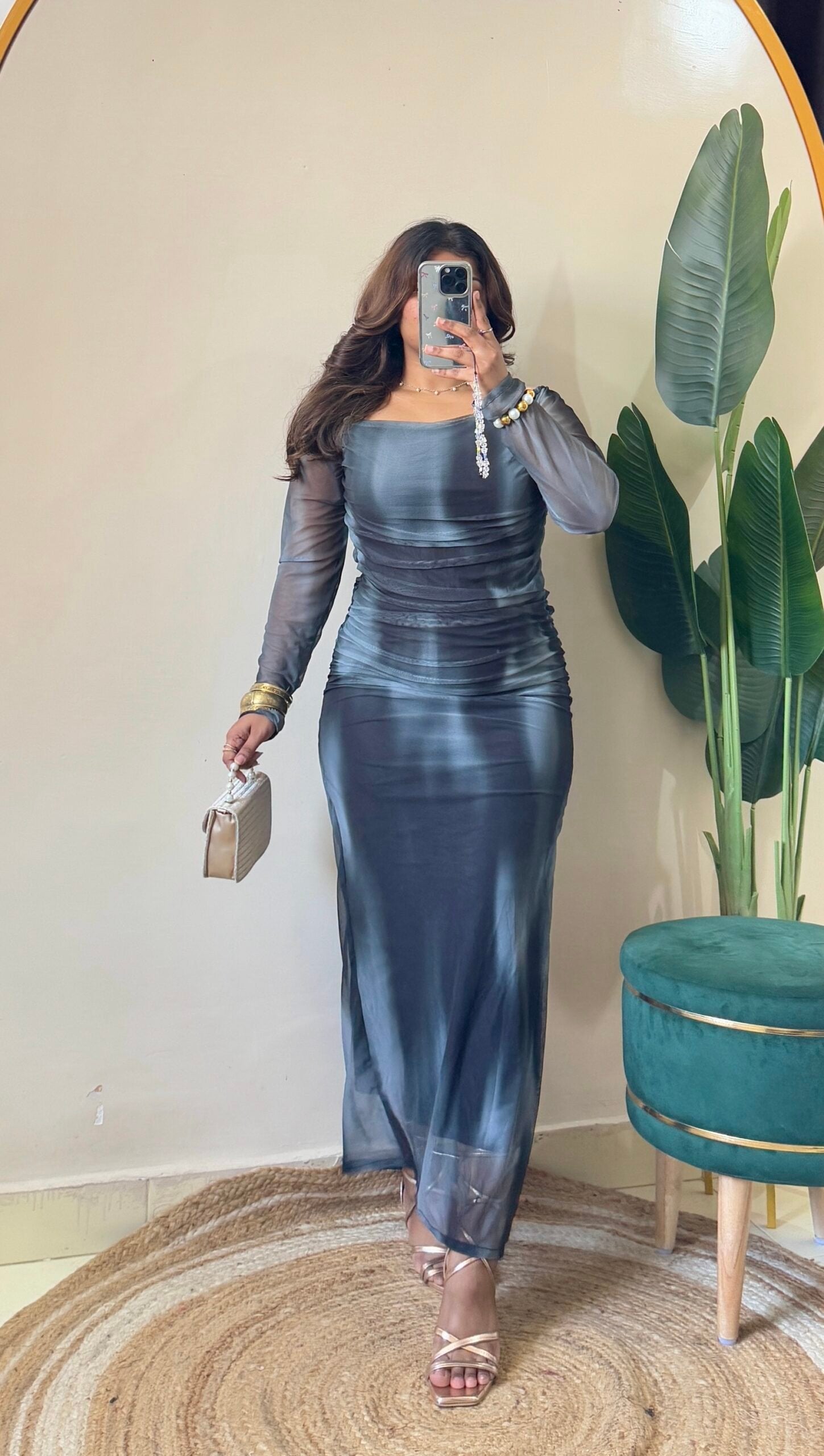 Black Marble Print Ruched Slit Cut Dress