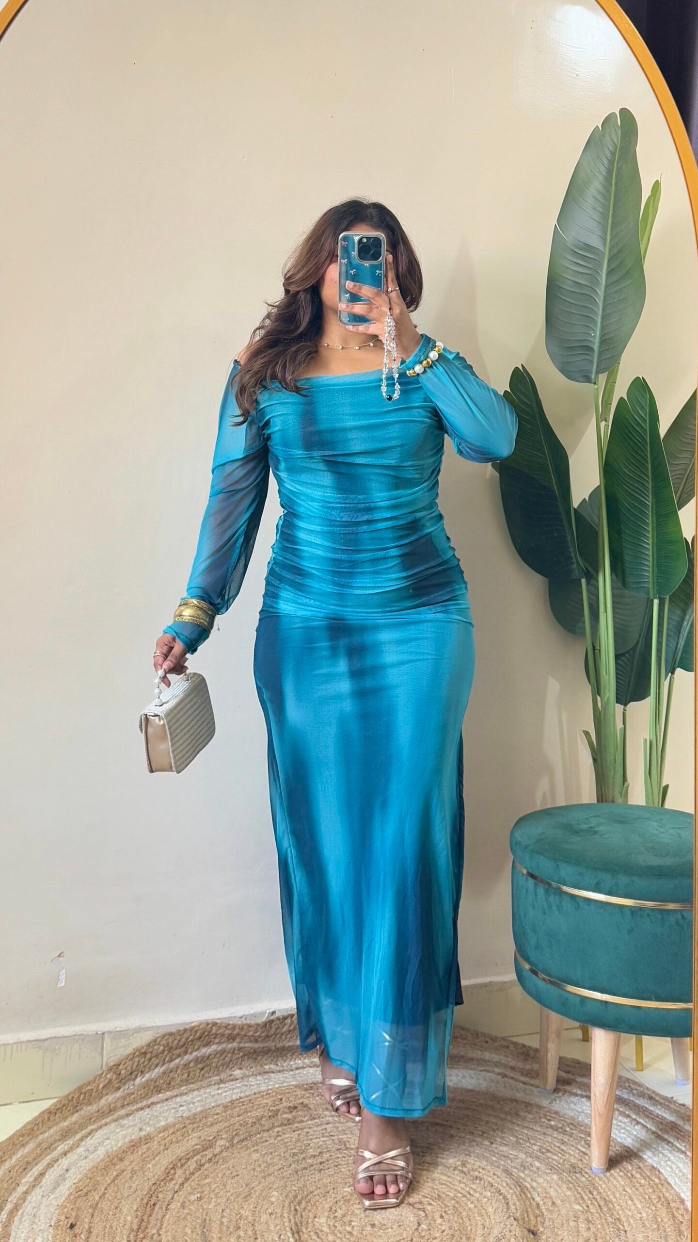 Blue Marble Print Mesh Ruched Dress