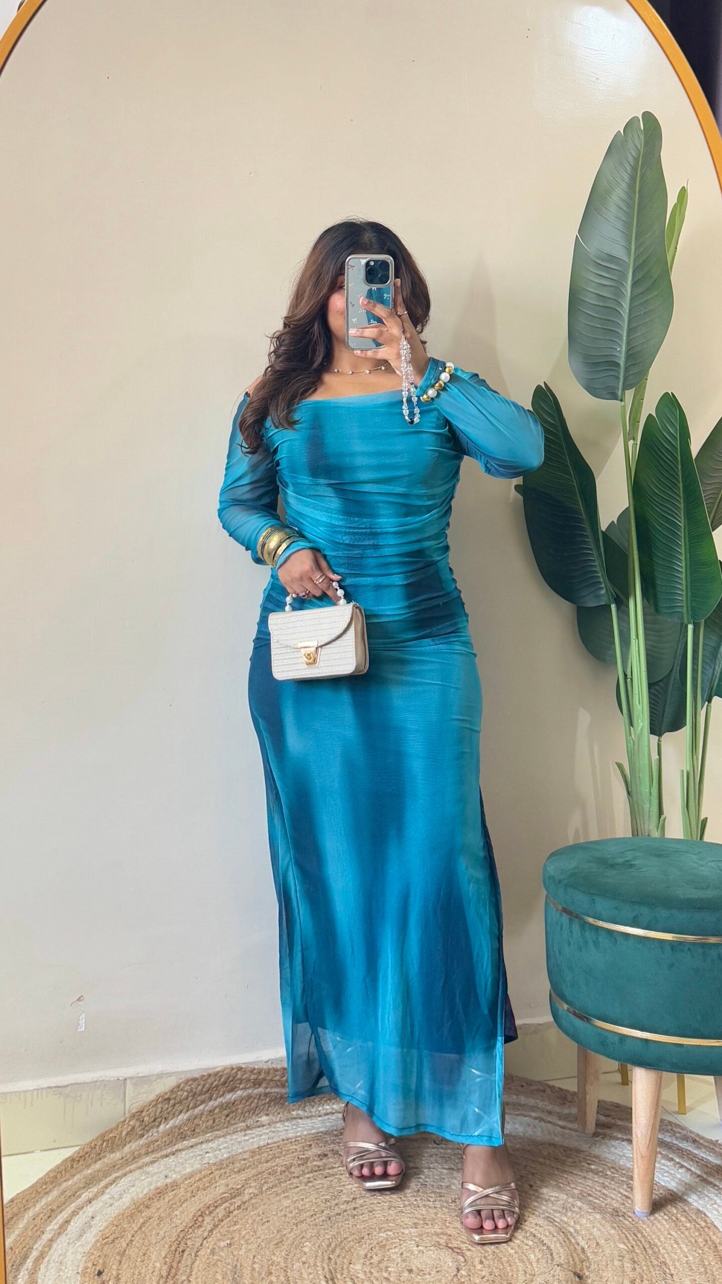 Blue Marble Print Mesh Ruched Dress