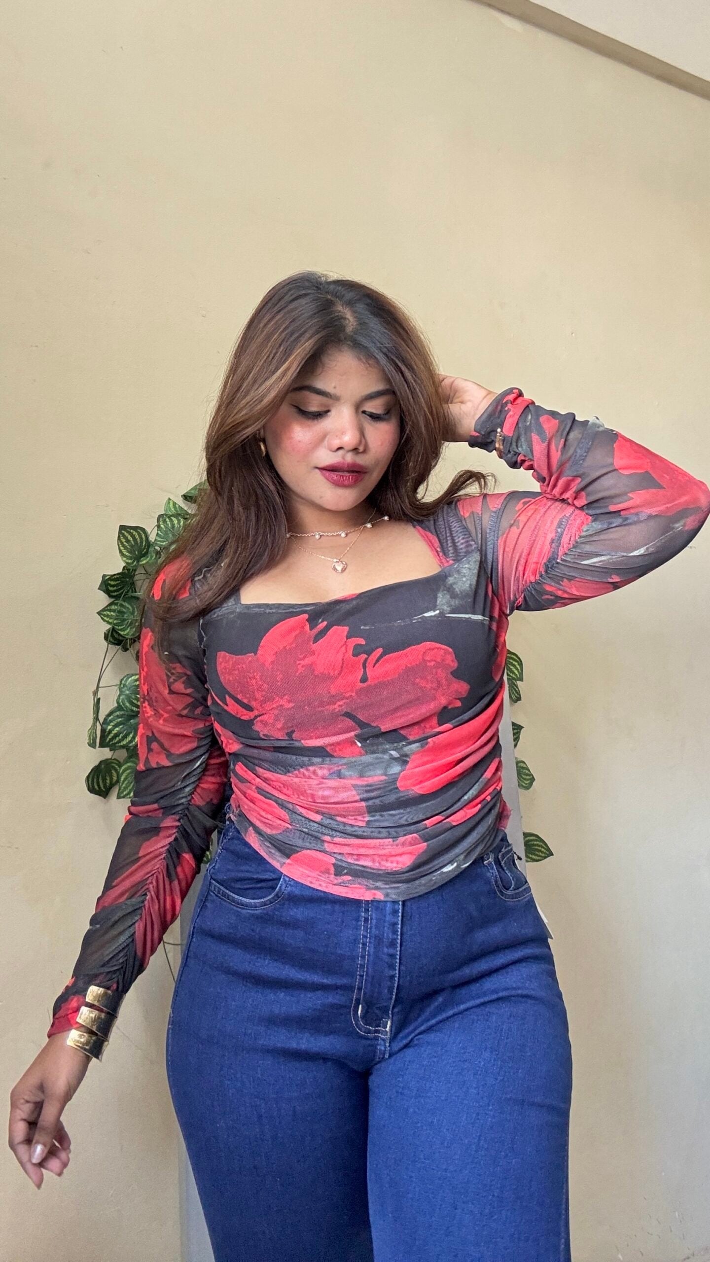 Black Red Flower Print Ruched Mesh Top
