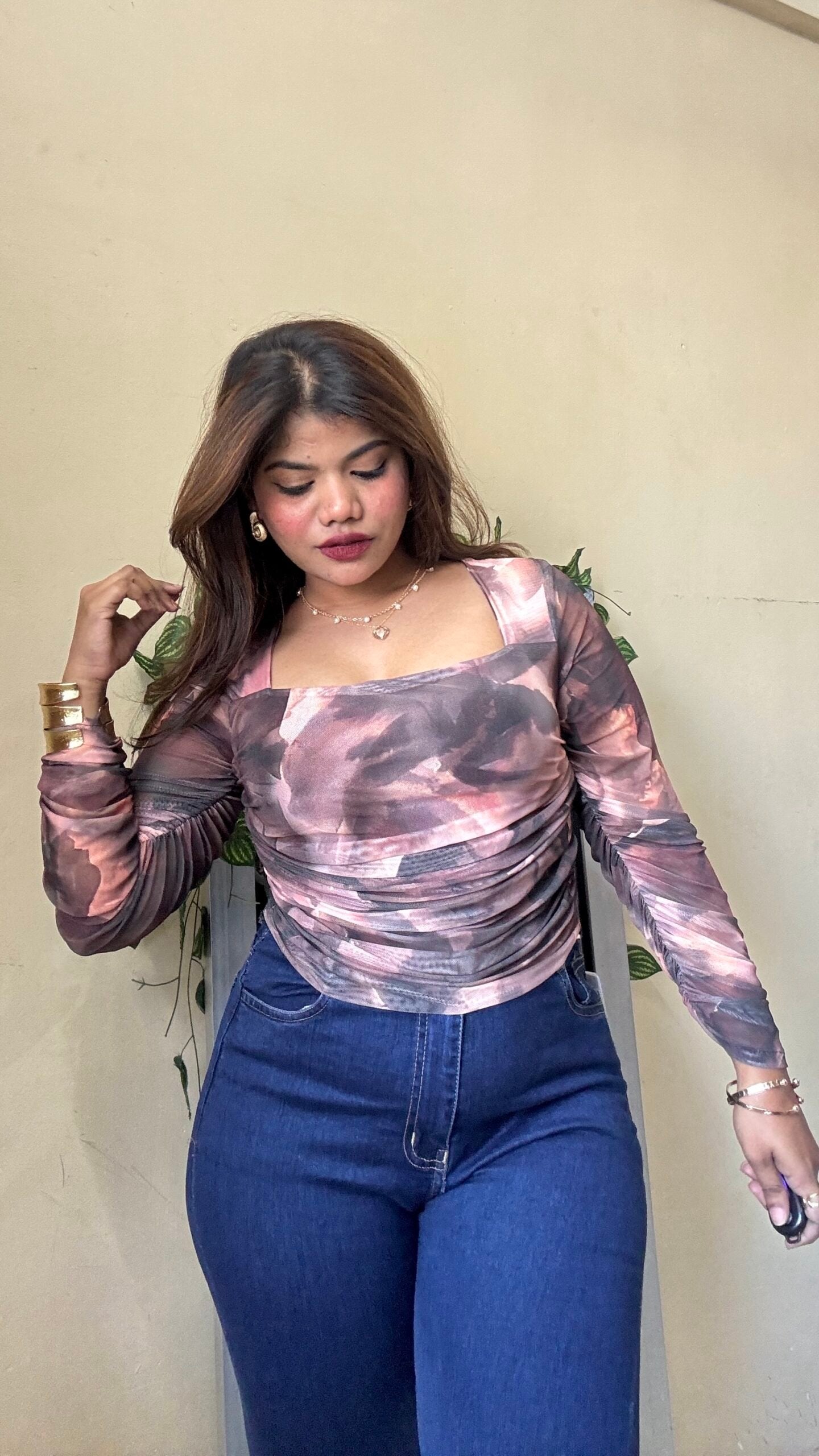 Brown Marble Print Ruched Mesh Top