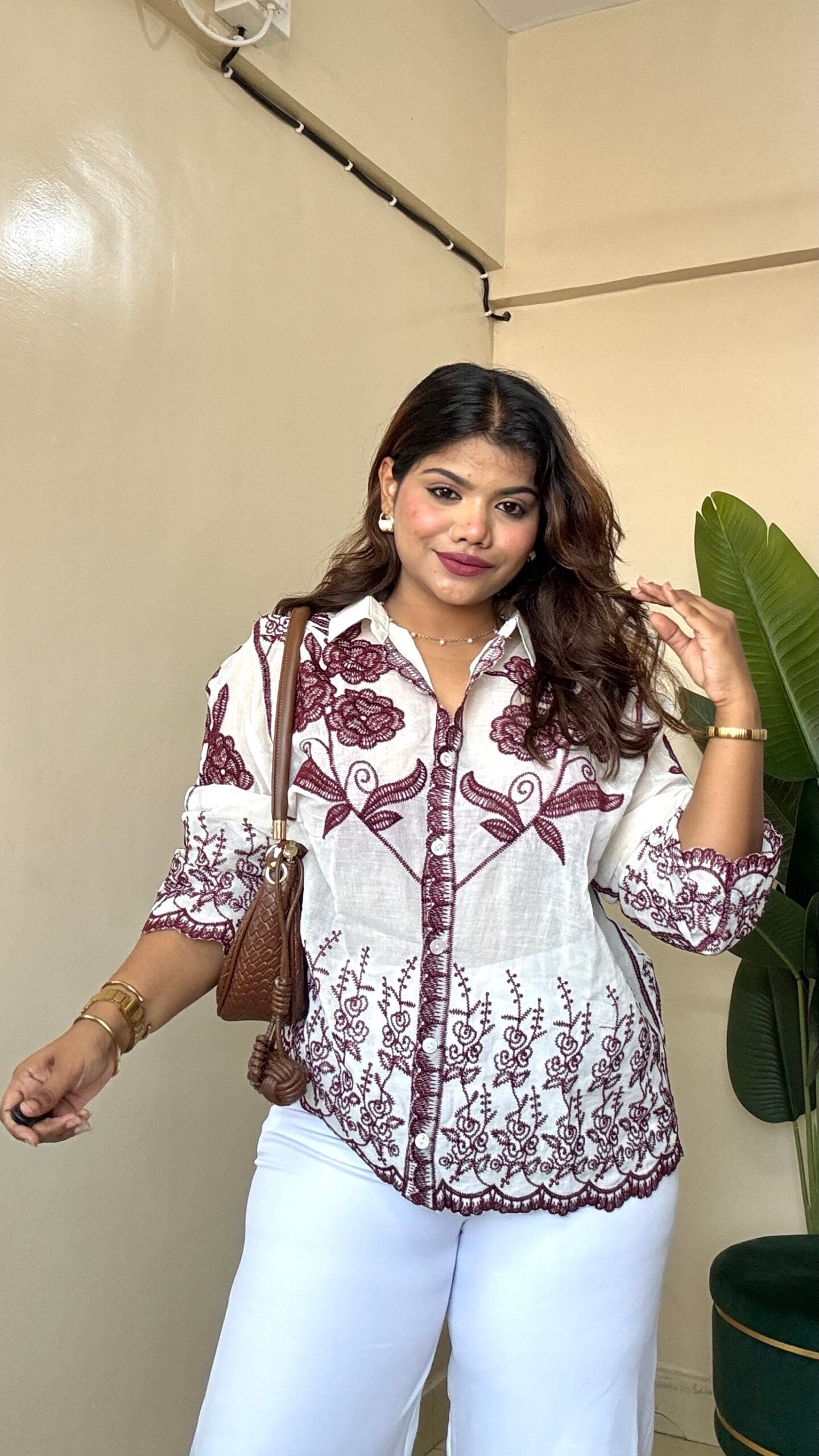 Wine Rose Embroidery Khadi Shirt
(Free Size: 34-40 Bust)