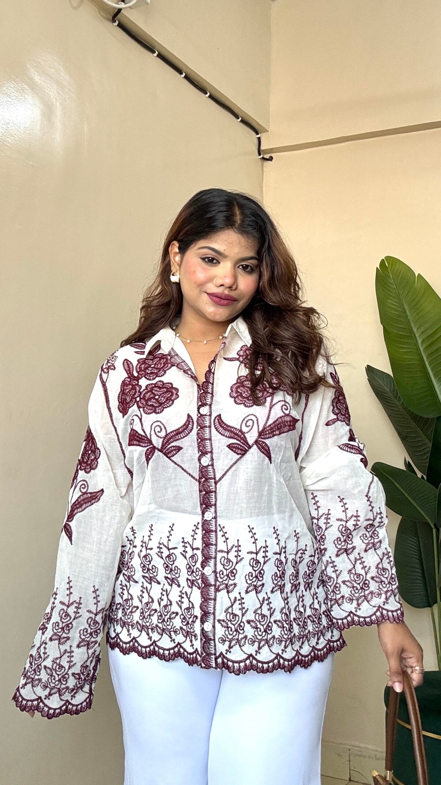 Wine Rose Embroidery Khadi Shirt
(Free Size: 34-40 Bust)