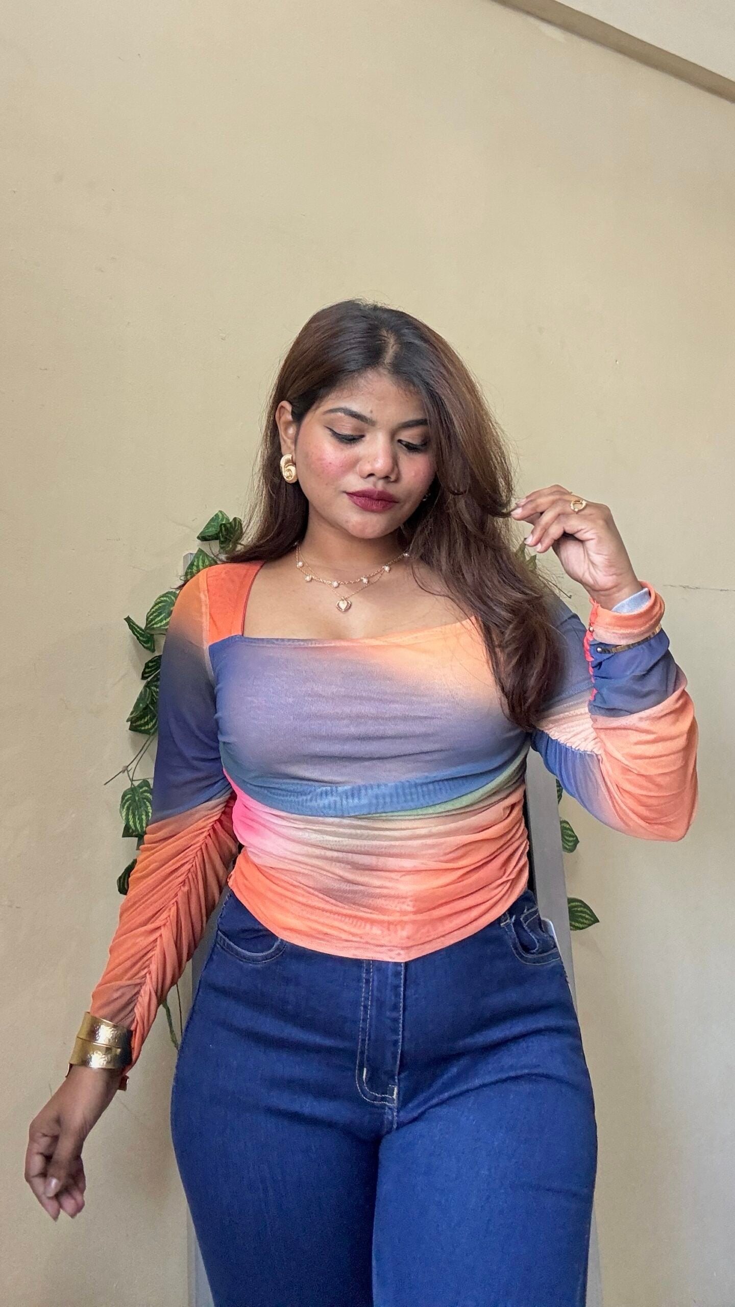 Multi-Coloured Marble Print Ruched Mesh Top