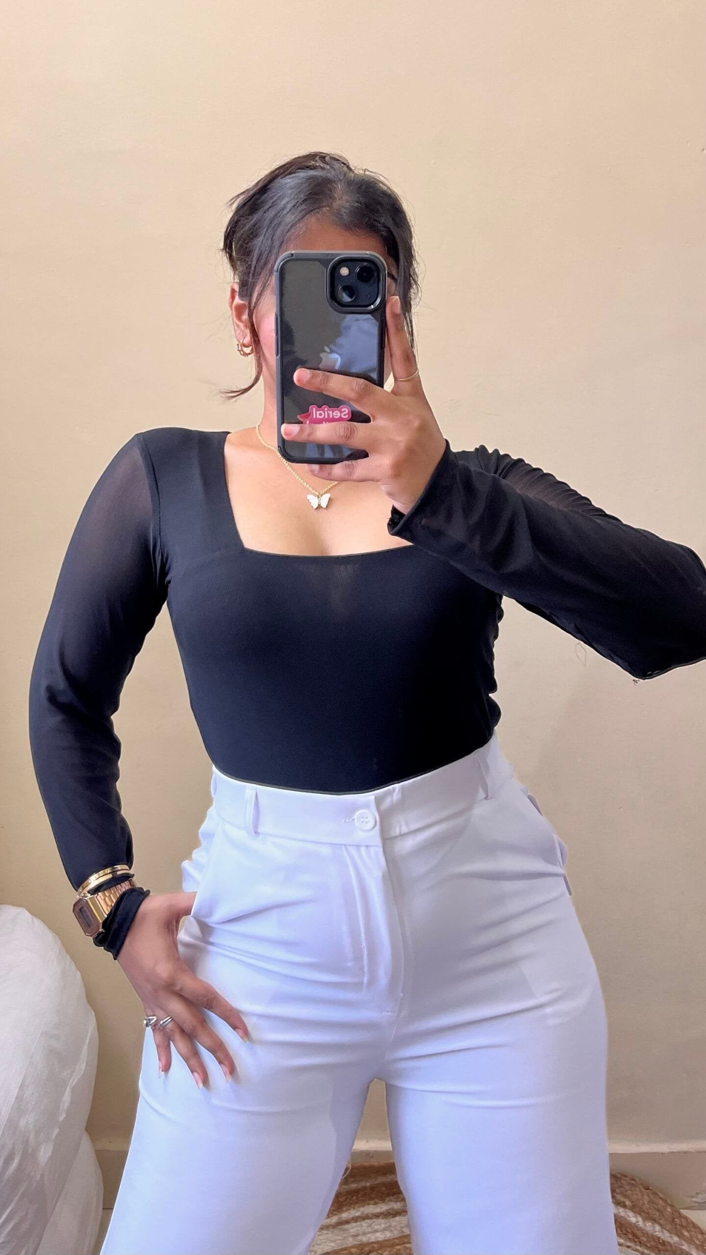 Black Square Neck Mesh Top